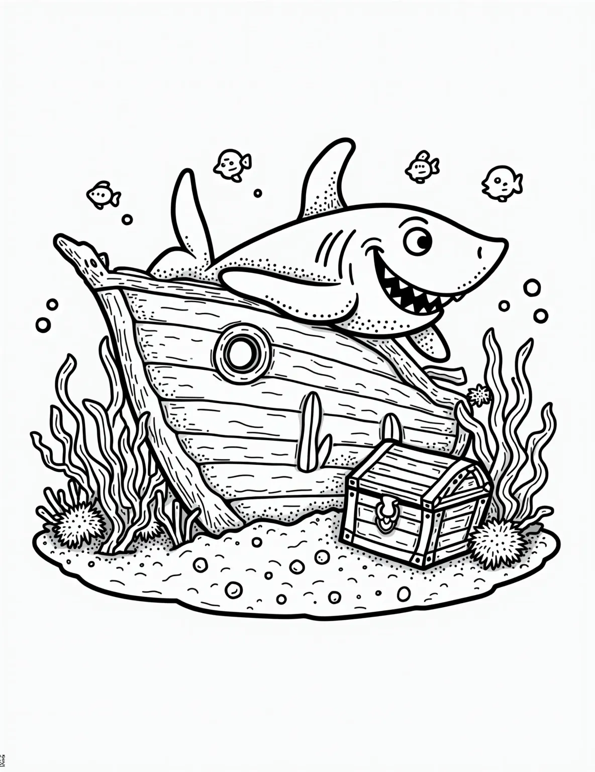 Shipwreck Shark Explorer -- prompt: "black lines only Playful shark outlines glide through cartoonish shipwreck ruins. Bold, thick lines define coral-covered planks and swirling seaweed. A chunky treasure chest peeks from behind rocks, inviting young artists to bring underwater adventure to life with vibrant colors. Simple shapes and patterns create flat black lines, premium coloring page, coloring sheet, line drawing, Coloring Book, NO COLOR, NO SHADING, WHITE BACKGROUND. NO GRAY, BLACK AND WHITE, NO COLOR" -- Embark on an underwater adventure with this shipwreck shark explorer coloring page. A curious shark investigates an old sunken ship, with hidden treasures waiting to be discovered. It's perfect for those who love combining history, mystery, and marine life in their coloring.