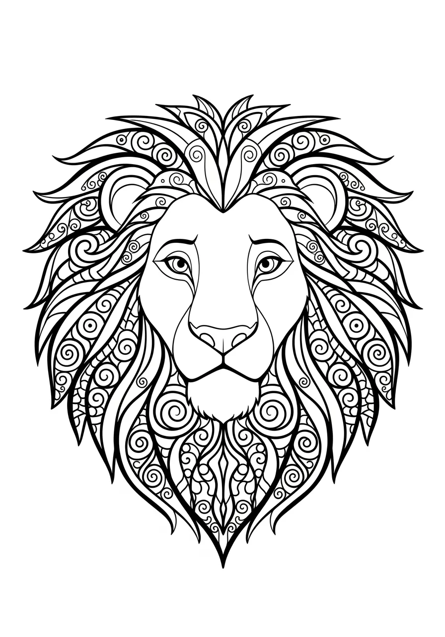 Intricate Mandala Lion Pride Coloring Page -- prompt: "black lines only Majestic lion portrait with flowing mane transformed into bold mandala circles, spirals, and geometric patterns perfect for coloring, thick black outlines, clean white background, symmetrical design radiating from center, cheerful educational art style flat black lines, premium coloring page, coloring sheet, line drawing, Coloring Book, NO COLOR, NO SHADING, WHITE BACKGROUND. NO GRAY, BLACK AND WHITE, NO COLOR" -- This majestic adult coloring page depicts a lion's head filled with elaborate mandala patterns and geometric designs that radiate outward like a mane. The intricate line work creates a regal appearance that honors the king of beasts through decorative art. This sophisticated design combines wildlife admiration with meditative pattern coloring.