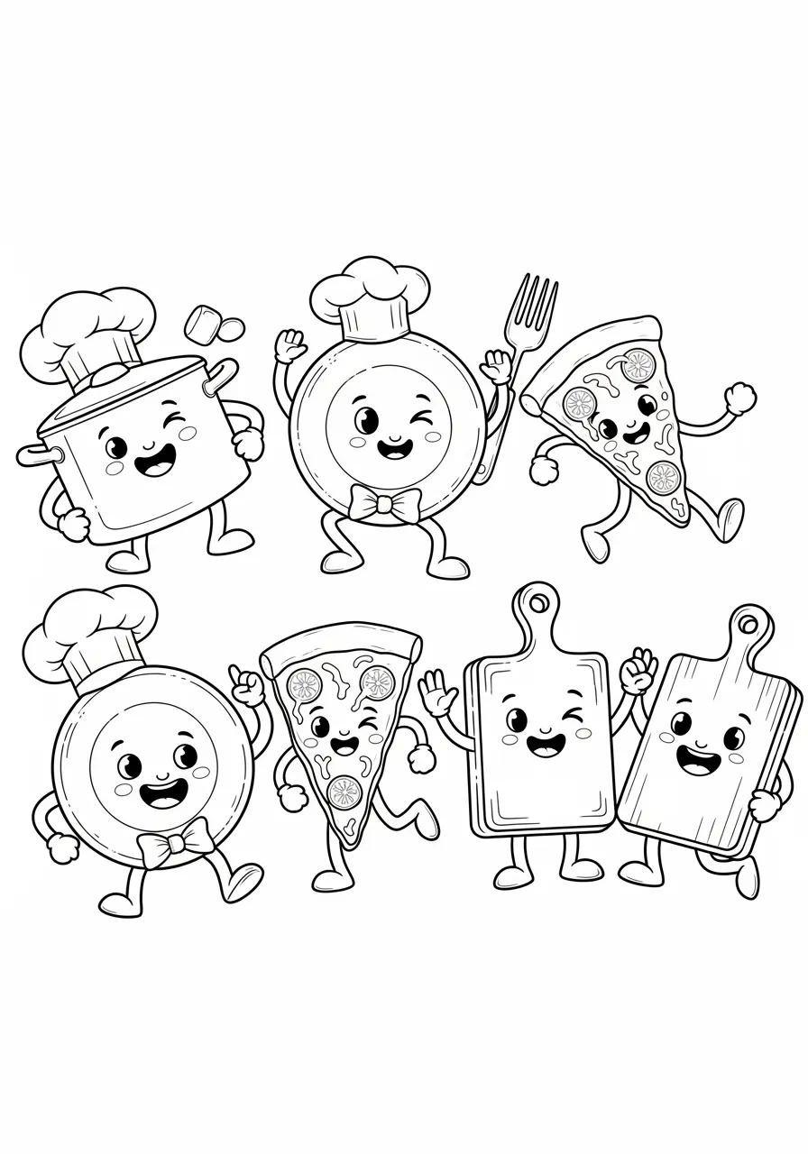Shape Kitchen Cooking Adventure Coloring Page -- prompt: "black lines only Cheerful kitchen coloring page featuring bold geometric cooking items: rectangular cutting boards with handles, smiling circular plates, triangular pizza slices with toppings, cylindrical pots and pans with steam curls, thick black outlines, simple clean designs perfect for crayons flat black lines, premium coloring page, coloring sheet, line drawing, Coloring Book, NO COLOR, NO SHADING, WHITE BACKGROUND. NO GRAY, BLACK AND WHITE, NO COLOR" -- Welcome to the geometric kitchen where cooking meets mathematics! This delightful scene features kitchen items and foods all made from basic shapes. Children will discover rectangular cutting boards, circular plates, triangular pizza slices, and more while exploring the shapes found in everyday kitchen items.