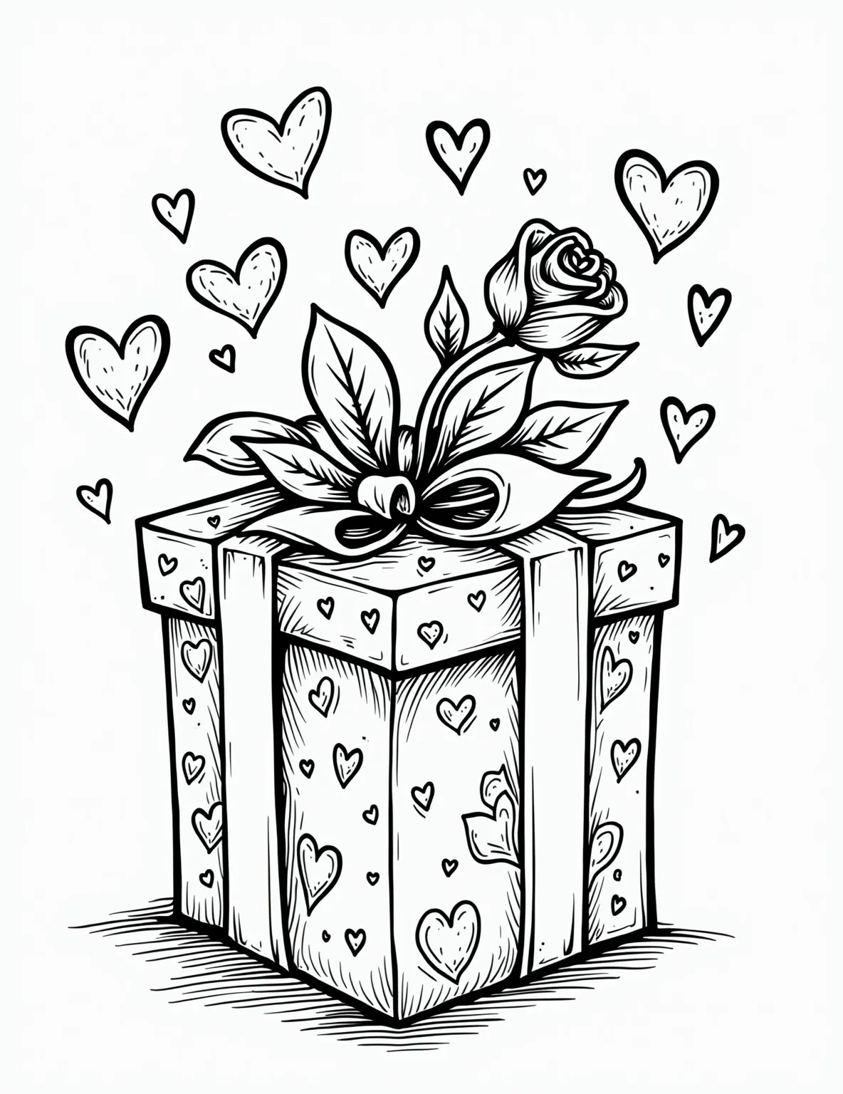 Valentine's Day Heart-Shaped Present -- prompt: "black lines only A coloring book page featuring a Valentine's Day gift box with bold heart outline. Delicate lace patterns adorn edges. Single rose stem intertwines through handle. Playful floating hearts of varying sizes surround. Thick lines perfect for coloring. Joyful, romantic atmosphere. Empty spaces await creative expression. flat black lines, premium coloring page, coloring sheet, line drawing, Coloring Book, NO COLOR, NO SHADING, WHITE BACKGROUND. NO GRAY, BLACK AND WHITE, NO COLOR" -- A romantic heart-shaped gift box takes center stage in this coloring page. The box is adorned with intricate lace patterns and a beautiful rose tucked into the ribbon. Small hearts float around the main present, creating a lovely Valentine's Day atmosphere.