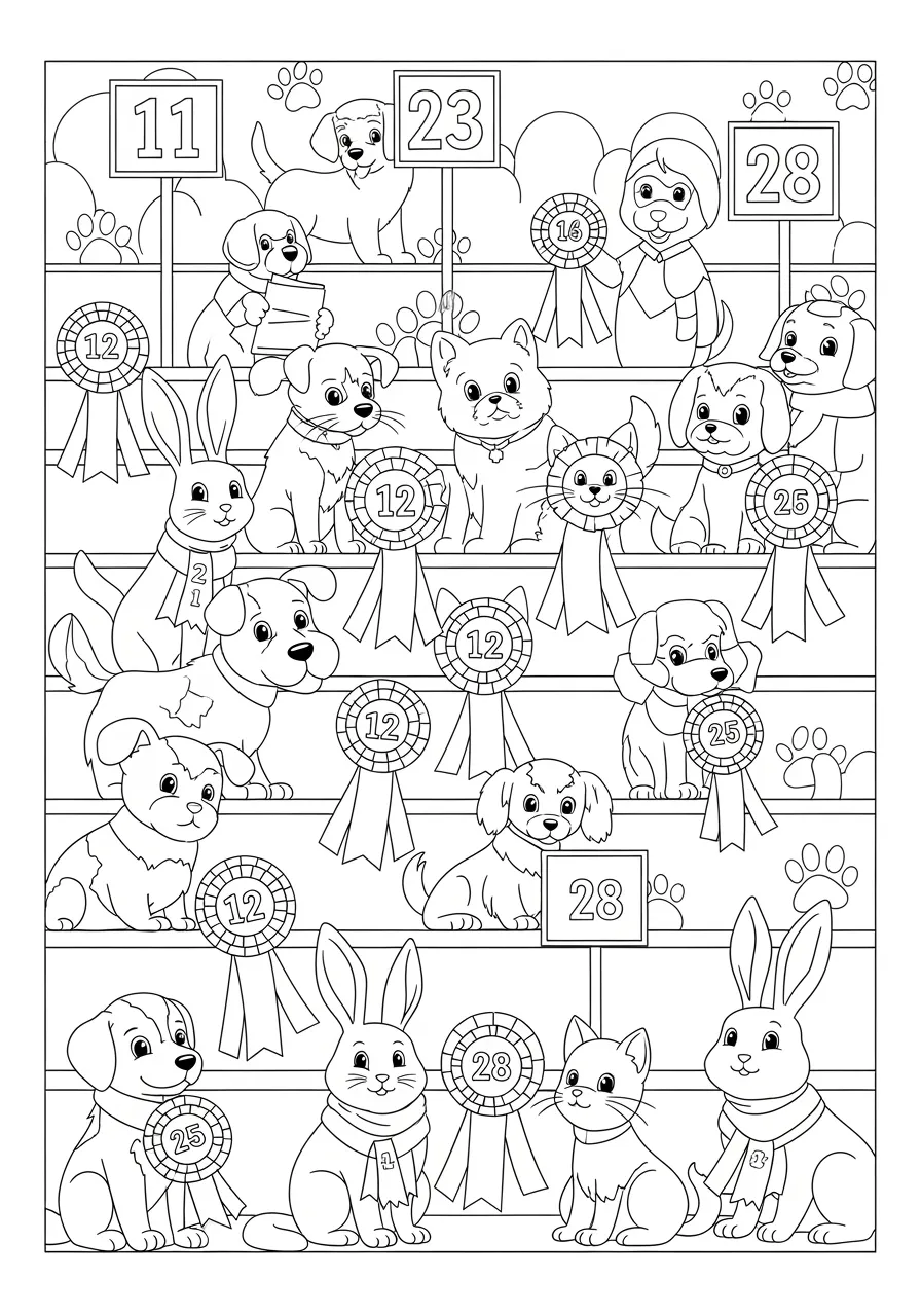 Number Pet Show Championship Coloring Page -- prompt: "black lines only Fun coloring book style pet show scene with happy dogs, cats, and rabbits wearing large numbered ribbons 1-28, smiling owners holding blank scorecards, cheerful judges displaying number signs, bold black outlines, simple shapes perfect for coloring flat black lines, premium coloring page, coloring sheet, line drawing, Coloring Book, NO COLOR, NO SHADING, WHITE BACKGROUND. NO GRAY, BLACK AND WHITE, NO COLOR" -- Welcome to the annual number pet show where adorable animals wear numbered ribbons from 1 to 28! Dogs, cats, rabbits, and birds all compete for prizes while their proud owners hold up scorecards. The judges' table displays number cards, making this pet-loving scene a delightful counting competition.