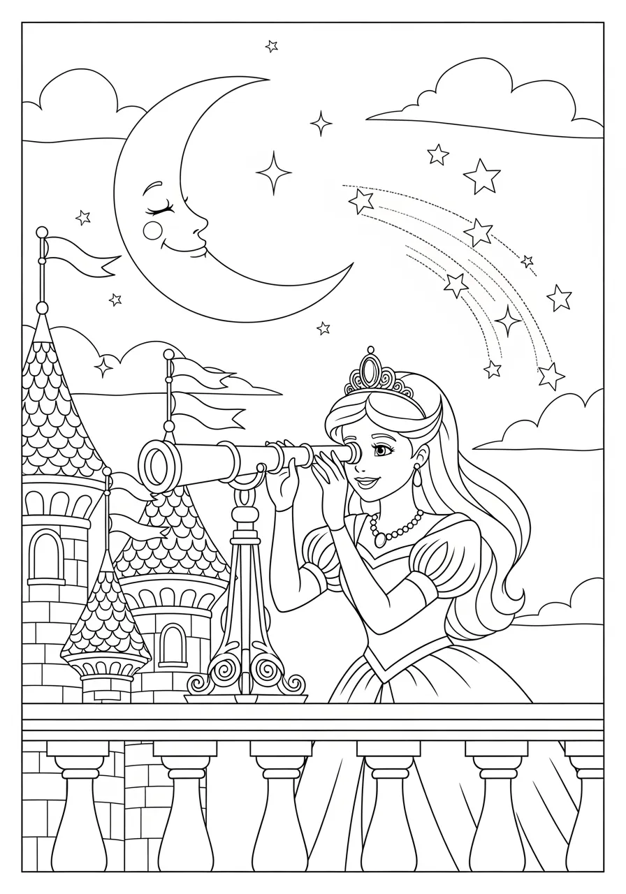 Princess Stargazing from Castle Balcony Coloring Page -- prompt: "black lines only Fun coloring book style princess with flowing gown and tiara gazing through ornate telescope on castle balcony, crescent moon smiling above, twinkling stars scattered across sky, decorative turrets and flags, bold outlines perfect for coloring flat black lines, premium coloring page, coloring sheet, line drawing, Coloring Book, NO COLOR, NO SHADING, WHITE BACKGROUND. NO GRAY, BLACK AND WHITE, NO COLOR" -- This dreamy coloring page shows a contemplative princess gazing at the stars from her castle balcony on a clear night. The night sky is filled with twinkling stars, a crescent moon, and wispy clouds. Her telescope and comfortable seating area make this the perfect spot for astronomical wonder.