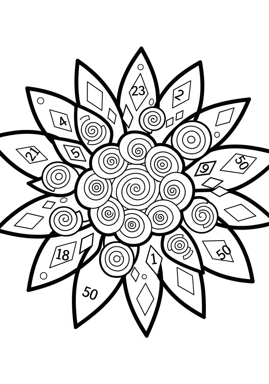Geometric Number Mandala Coloring Page -- prompt: "black lines only Playful mandala coloring page featuring bold geometric petals, spiraling circles, and diamond shapes with numbers 1-50 cleverly hidden throughout symmetrical patterns, thick black outlines, cheerful design perfect for crayons and markers flat black lines, premium coloring page, coloring sheet, line drawing, Coloring Book, NO COLOR, NO SHADING, WHITE BACKGROUND. NO GRAY, BLACK AND WHITE, NO COLOR" -- This intricate mandala design incorporates numbers 1 through 50 in a beautiful, symmetrical pattern perfect for adult colorists. The numbers flow seamlessly within geometric shapes, creating a meditative coloring experience that combines numeracy with artistic expression. Each section offers a unique challenge for detailed coloring and number recognition.