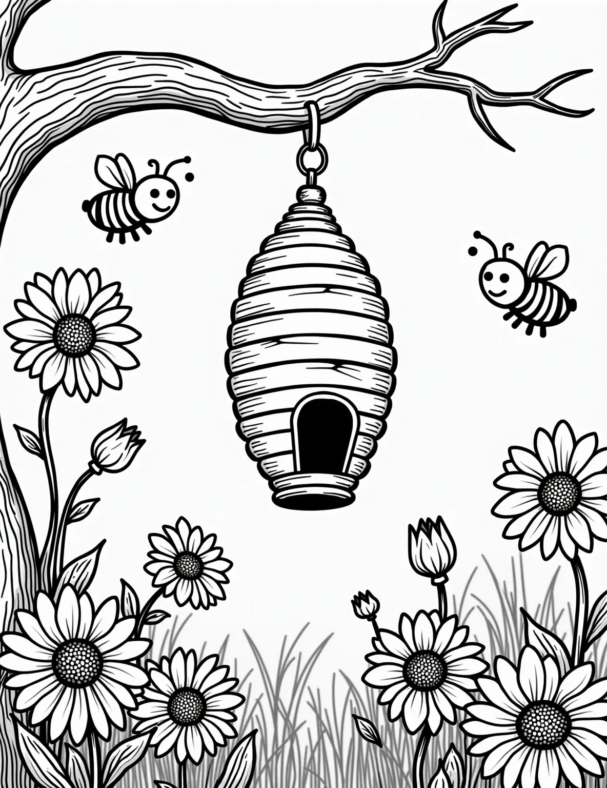 Busy Beehive in Blooming Garden Coloring Page -- prompt: "black lines only A charming beehive dangles from a curvy tree branch, surrounded by plump, smiling bees. Oversized daisies, tulips, and sunflowers dot the garden. Bold outlines define each element, creating a playful scene perfect for coloring. Butterflies and ladybugs add whimsy to this delightful garden paradise. flat black lines, premium coloring page, coloring sheet, line drawing, Coloring Book, NO COLOR, NO SHADING, WHITE BACKGROUND. NO GRAY, BLACK AND WHITE, NO COLOR" -- Create a buzz with this detailed beehive coloring page. The scene of industrious bees around their hive in a flower-filled garden showcases the important role these insects play in nature. Ideal for teaching about pollinators and the beauty of garden ecosystems.