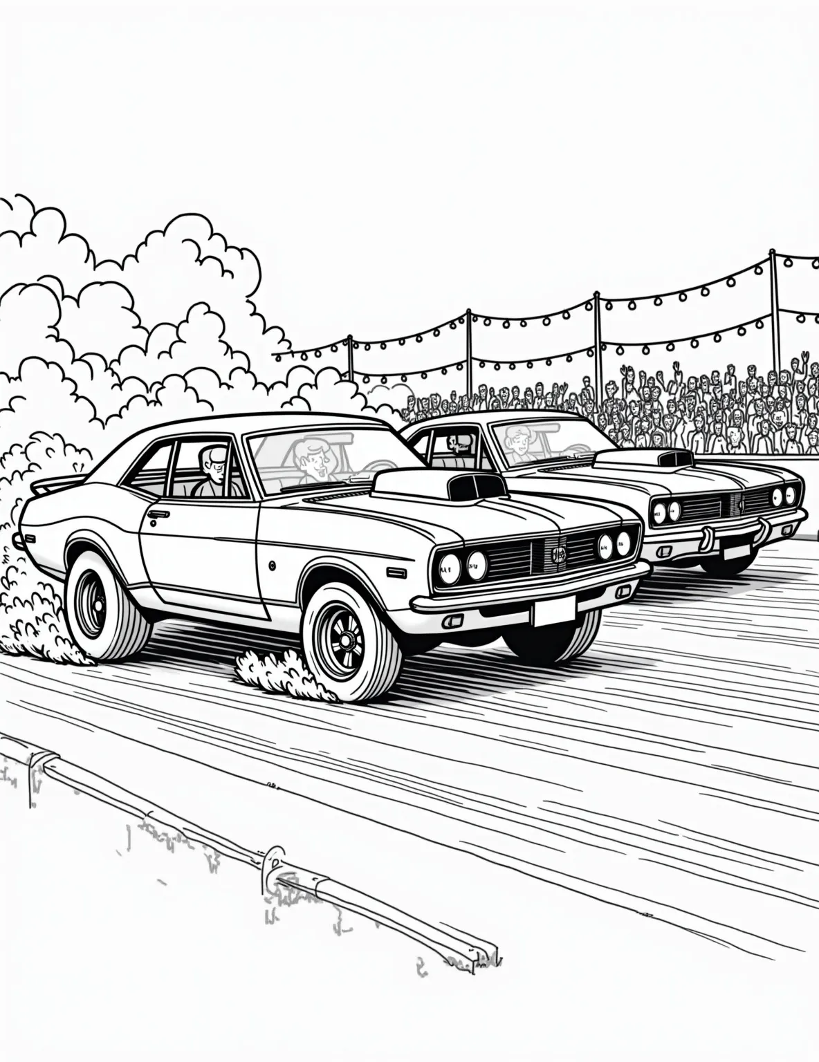 Vintage Muscle Car Drag Race -- prompt: "black lines only Retro 1960s muscle cars face off at drag strip starting line. Bold outlines define sleek bodies, chrome details. Christmas tree lights glow. Excited spectators in stands. Empty spaces await coloring. Thick lines capture roaring engines, burning rubber, and high-octane excitement. flat black lines, premium coloring page, coloring sheet, line drawing, Coloring Book, NO COLOR, NO SHADING, WHITE BACKGROUND. NO GRAY, BLACK AND WHITE, NO COLOR" -- Experience the thrill of a classic drag race with this high-octane coloring page. Two powerful muscle cars face off at the starting line, engines revving and tires smoking. This detailed scene is perfect for adult coloring enthusiasts who love the golden era of American automotive muscle.