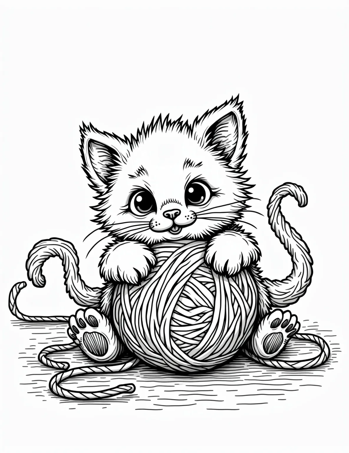 Playful Kitten with Ball of Yarn Coloring Page -- prompt: "black lines only Playful kitten, fur puffed and eyes wide, entangled in a giant yarn ball. Bold, simple outlines perfect for coloring. Swirling yarn patterns create maze-like paths. Whiskers and paws exaggerated for cute effect. Background features oversized knitting needles and flat black lines, premium coloring page, coloring sheet, line drawing, Coloring Book, NO COLOR, NO SHADING, WHITE BACKGROUND. NO GRAY, BLACK AND WHITE, NO COLOR" -- This adorable coloring page features a mischievous kitten entangled in a ball of yarn. The kitten's wide eyes and playful pose capture the essence of feline curiosity and energy. It's a perfect page for those who love cute cat coloring pages for kids, offering a blend of simplicity and charm.