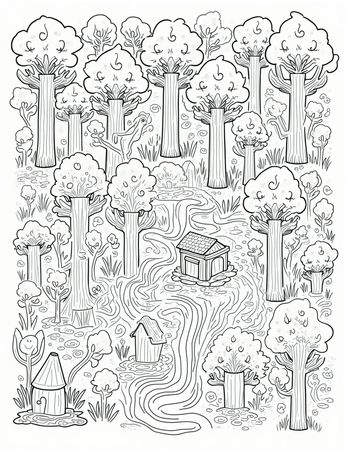 Lego Enchanted Forest Coloring Page -- prompt: "black lines only Lego forest coloring page: blocky trees with swirling patterns, pixelated woodland creatures, and miniature fairy cottages nestled in stumps. Thick outlines define each element, creating a playful maze of shapes to fill with vibrant hues. Mushroom circles and winding paths add whimsy. flat black lines, premium coloring page, coloring sheet, line drawing, Coloring Book, NO COLOR, NO SHADING, WHITE BACKGROUND. NO GRAY, BLACK AND WHITE, NO COLOR" -- Wander into a world of wonder with this enchanting Lego forest coloring page. The detailed scene showcases a magical Lego forest filled with unique trees, woodland creatures, and hidden fairy houses. This intricate coloring page is perfect for nature lovers and fantasy enthusiasts, offering a serene yet imaginative coloring experience for adults and children alike.