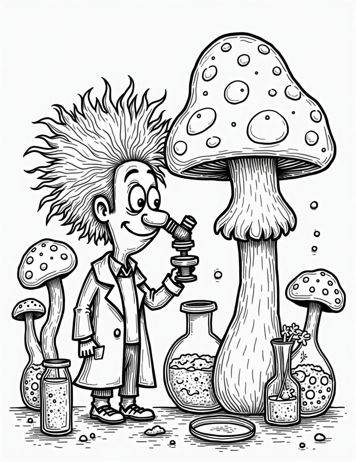 Mushroom Scientist at Work -- prompt: "black lines only Playful cartoon scientist with wild hair examines giant mushroom under oversized microscope. Smiling fungi sprout from beakers, petri dishes dance, and test tubes bubble. Bold outlines, simple shapes, and empty spaces await vibrant colors in this whimsical laboratory scene. flat black lines, premium coloring page, coloring sheet, line drawing, Coloring Book, NO COLOR, NO SHADING, WHITE BACKGROUND. NO GRAY, BLACK AND WHITE, NO COLOR" -- Inspire future mycologists with this science-themed coloring page. A cartoon scientist examines mushroom samples under a microscope, surrounded by lab equipment, field guides, and specimens. It's a fun way to introduce children to the scientific study of fungi.