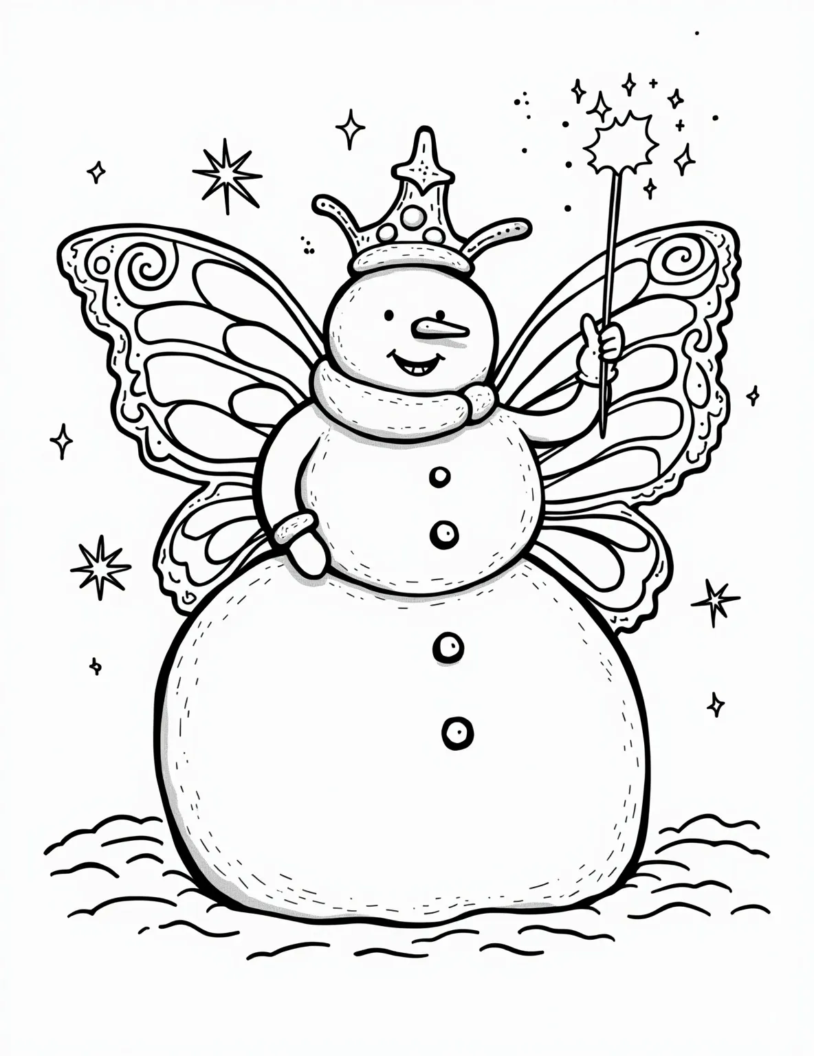 Snowman Fairy Godmother Coloring Page -- prompt: "black lines only Chunky outlined snowman fairy godmother, wand-wielding, tiara-topped, with bold butterfly wings. Surrounded by thick-lined snowflakes and starburst magic dust. Simple shapes, wide-spaced elements perfect for coloring. Jolly expression, inviting children to bring winter magic to life with crayons. flat black lines, premium coloring page, coloring sheet, line drawing, Coloring Book, NO COLOR, NO SHADING, WHITE BACKGROUND. NO GRAY, BLACK AND WHITE, NO COLOR" -- Bibbidi-bobbidi-boo! This magical coloring page showcases a snowman fairy godmother, complete with a sparkling wand and shimmering wings. Surrounded by swirling snowflakes and magic dust, this frosty fairy is ready to grant winter wishes.