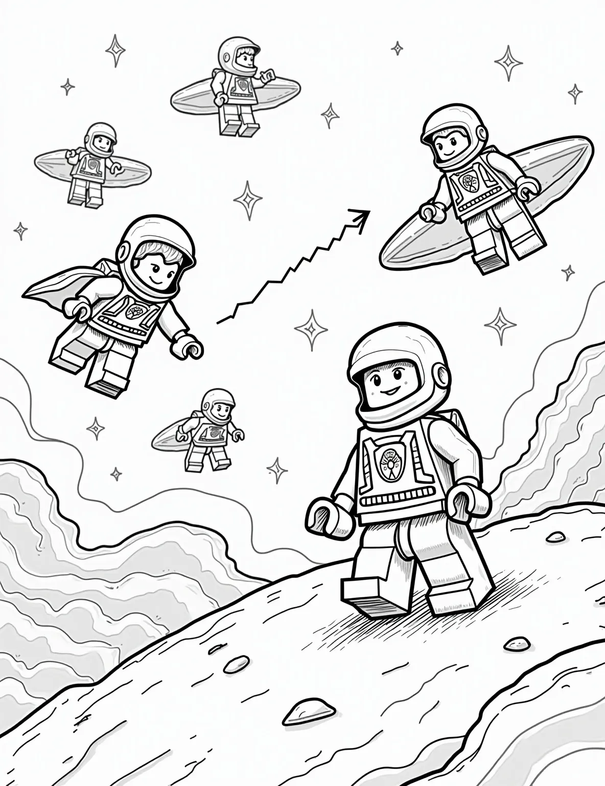 Lego Intergalactic Space Battle Coloring Page -- prompt: "black lines only Lego space battle coloring page: Bold outlines of blocky spaceships, astronaut minifigures, and zigzag laser beams. Star-studded background with planets. Chunky, simple shapes perfect for coloring. Playful scene captures imagination, inviting creative expression through vibrant hues. Fun, accessible design for flat black lines, premium coloring page, coloring sheet, line drawing, Coloring Book, NO COLOR, NO SHADING, WHITE BACKGROUND. NO GRAY, BLACK AND WHITE, NO COLOR" -- Engage in an epic space adventure with this thrilling Lego intergalactic battle coloring page. The scene depicts a fierce space battle between Lego spaceships, complete with laser beams, alien creatures, and astronaut heroes. This highly detailed page is perfect for older kids and adults who love science fiction, offering an immersive coloring experience that's out of this world.