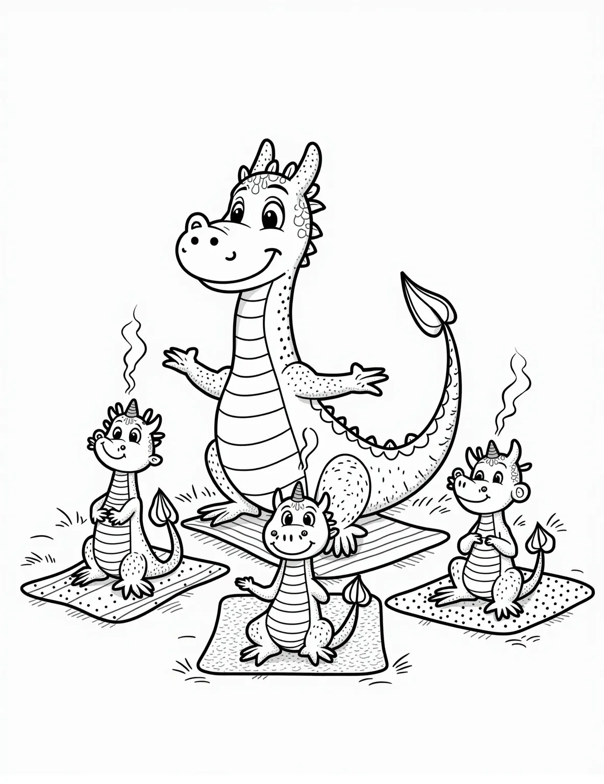 Dragon Yoga Class Coloring Page -- prompt: "black lines only Playful dragons on yoga mats, outlined in bold black strokes. Large instructor dragon demonstrates poses. Scales, wings, and tails form intricate patterns. Simple backgrounds with dotted lines. Whimsical expressions and steam from nostrils. Empty spaces invite coloring creativity. Fun, child-friendly design for coloring book enthusiasts. flat black lines, premium coloring page, coloring sheet, line drawing, Coloring Book, NO COLOR, NO SHADING, WHITE BACKGROUND. NO GRAY, BLACK AND WHITE, NO COLOR" -- Strike a pose with this amusing dragon yoga class coloring page. Various dragons attempt different yoga positions, some more successfully than others. This light-hearted scene is perfect for adding a touch of humor to your coloring session.