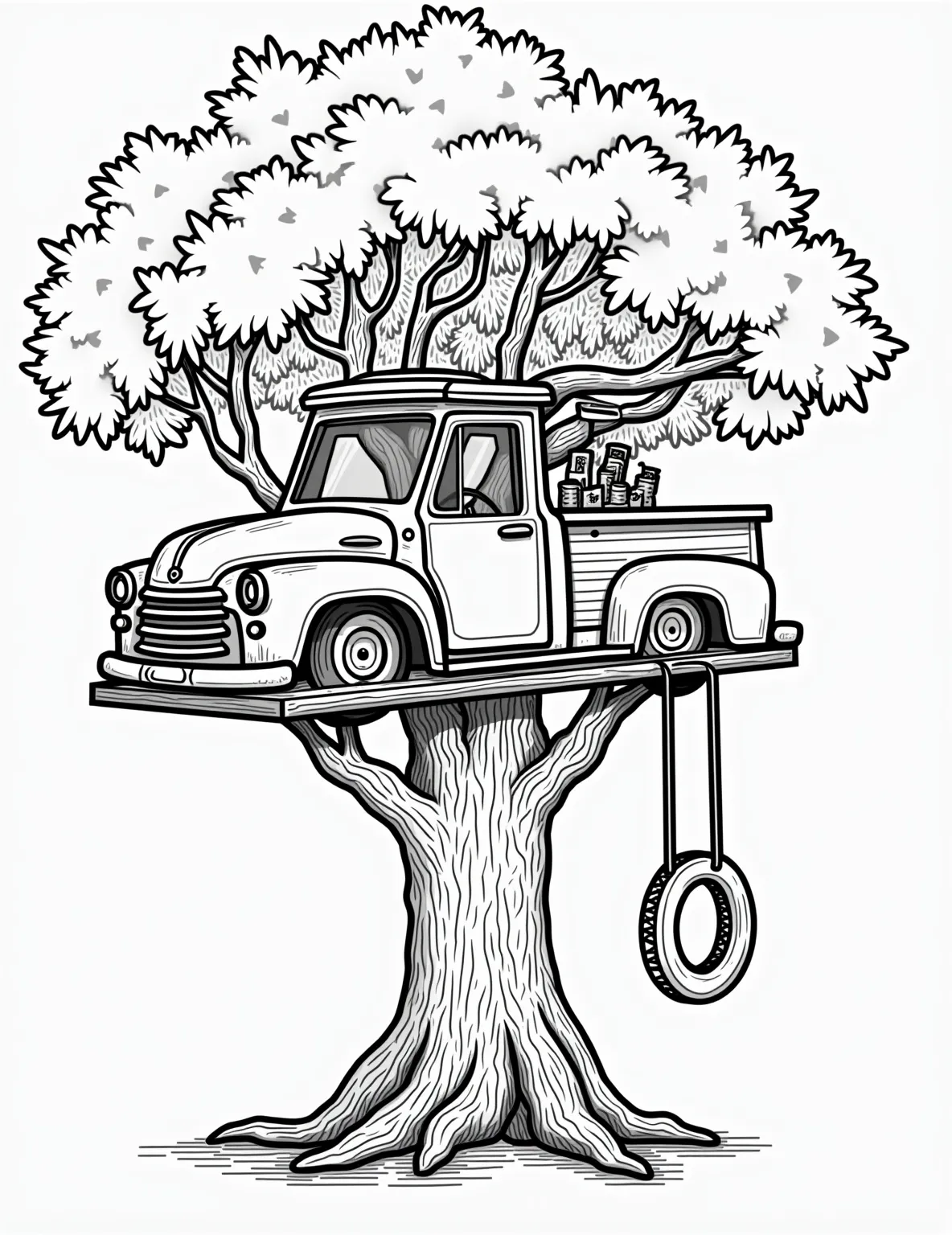 Whimsical Car-Shaped Treehouse -- prompt: "black lines only Retro convertible treehouse nestled in oak branches, bold outlines perfect for coloring. Swirling tire swing, chunky ladder, and exaggerated leaves create a playful scene. Oversized steering wheel peeks through windows. Curvy treehouse contours and cartoon-style textures invite imaginative coloring adventures. flat black lines, premium coloring page, coloring sheet, line drawing, Coloring Book, NO COLOR, NO SHADING, WHITE BACKGROUND. NO GRAY, BLACK AND WHITE, NO COLOR" -- Imagine a magical treehouse that looks just like a car! This delightful coloring page features a cozy treehouse built in the shape of a classic automobile, nestled high in the branches of a big oak tree. Kids will love adding their own creative touches to this whimsical blend of nature and machinery.