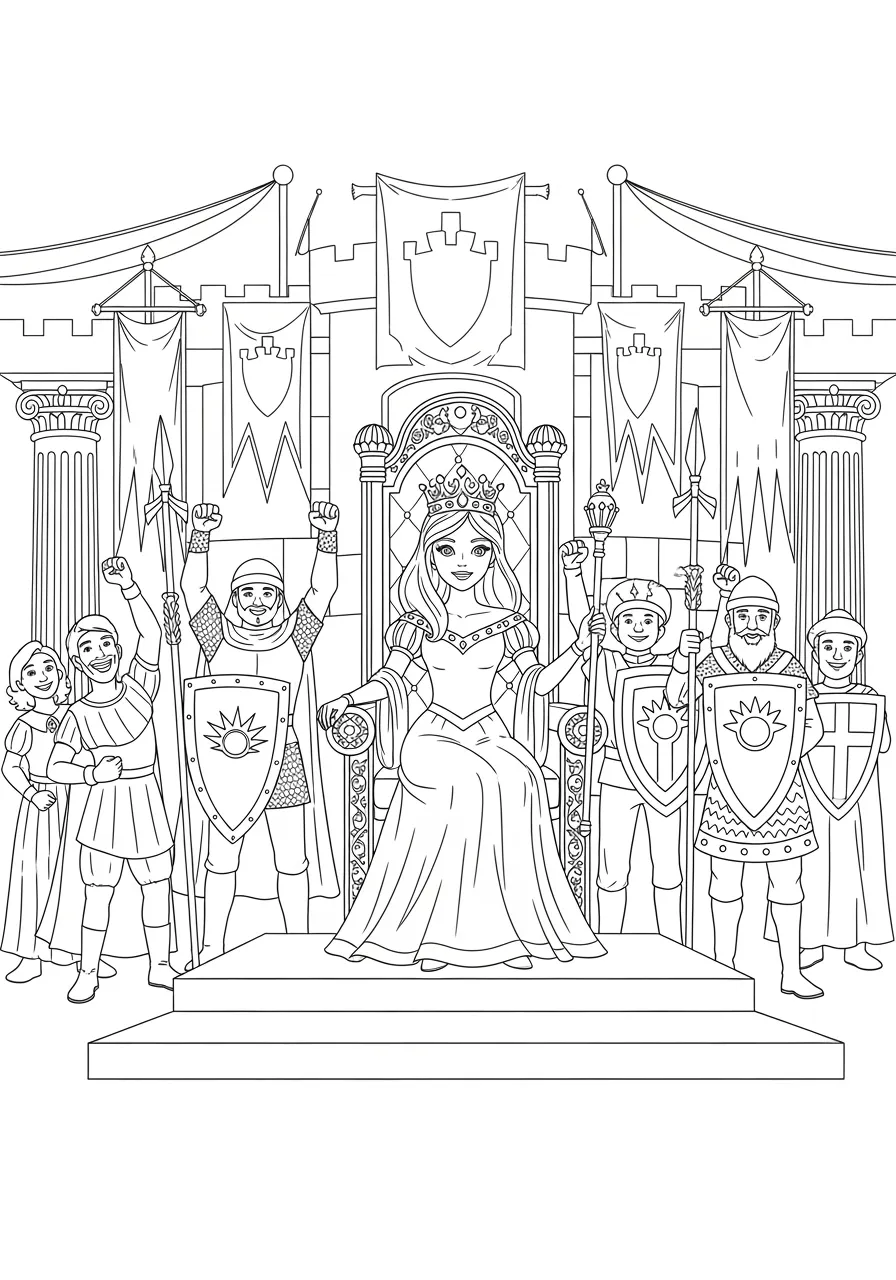 Princess Royal Coronation Ceremony Coloring Page -- prompt: "black lines only Fun coloring book style princess wearing flowing gown and sparkling tiara, standing before ornate throne with decorative columns, surrounded by cheering courtiers and guards, holding royal scepter, castle banners hanging overhead, joyful coronation ceremony scene flat black lines, premium coloring page, coloring sheet, line drawing, Coloring Book, NO COLOR, NO SHADING, WHITE BACKGROUND. NO GRAY, BLACK AND WHITE, NO COLOR" -- Witness the grandeur of a royal coronation as this princess receives her crown in an magnificent throne room ceremony. Ornate architecture, ceremonial guards, and watching nobles create an atmosphere of regal celebration. The moment captures the transition from princess to queen.