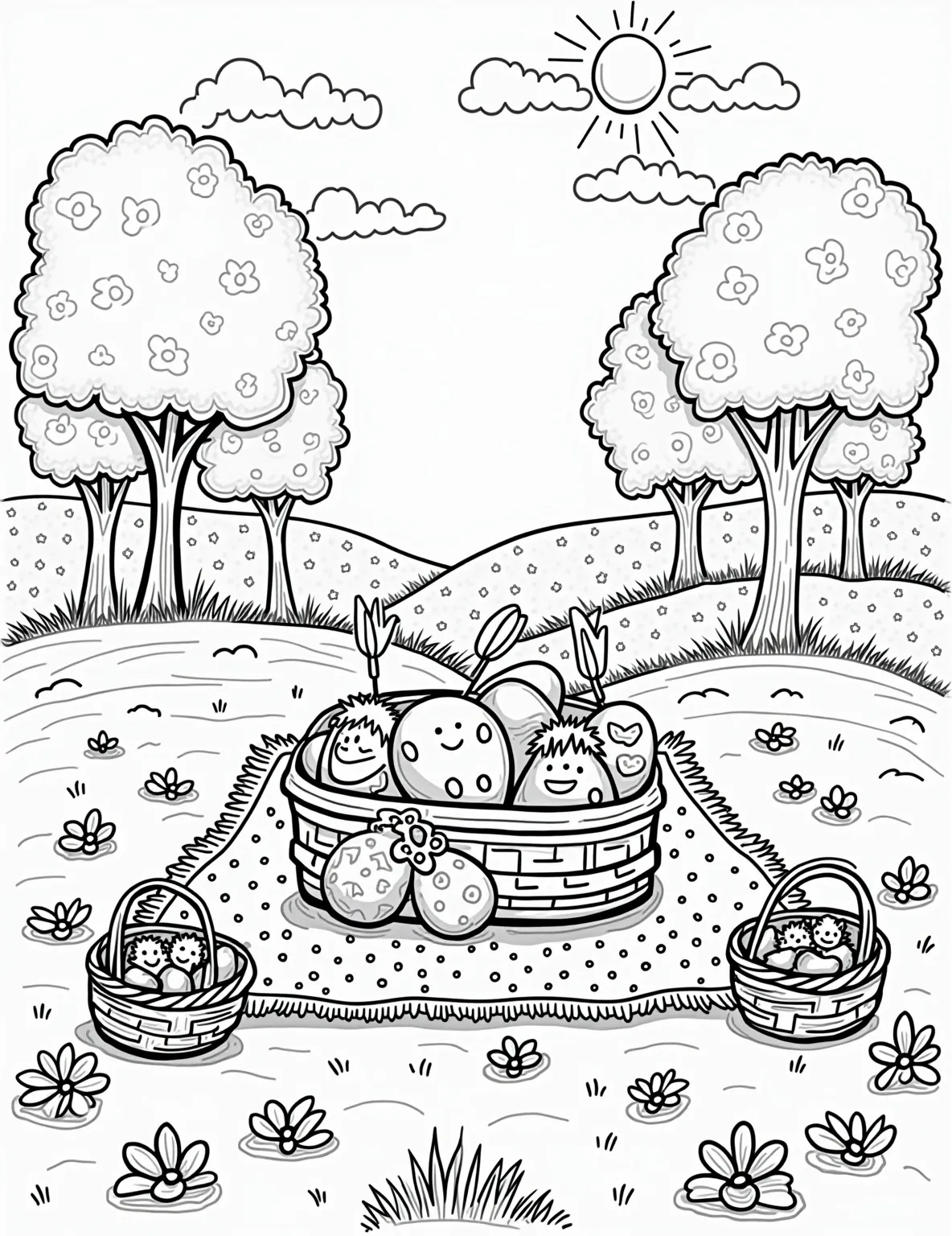 Springtime Easter Picnic -- prompt: "black lines only Cheerful Easter picnic scene outlined in bold black lines. Families on polka-dot blanket atop grassy hill. Decorated eggs hidden among stylized flowers. Blooming trees with swirling patterns. Baskets overflowing with treats. Smiling sun and fluffy clouds. Simple shapes perfect for coloring. flat black lines, premium coloring page, coloring sheet, line drawing, Coloring Book, NO COLOR, NO SHADING, WHITE BACKGROUND. NO GRAY, BLACK AND WHITE, NO COLOR" -- Enjoy a delightful Easter picnic scene in this cheerful coloring page. A checkered blanket is spread out on a grassy hill, laden with Easter treats and surrounded by families enjoying the spring weather. Blooming trees, butterflies, and hidden Easter eggs complete this idyllic outdoor setting.