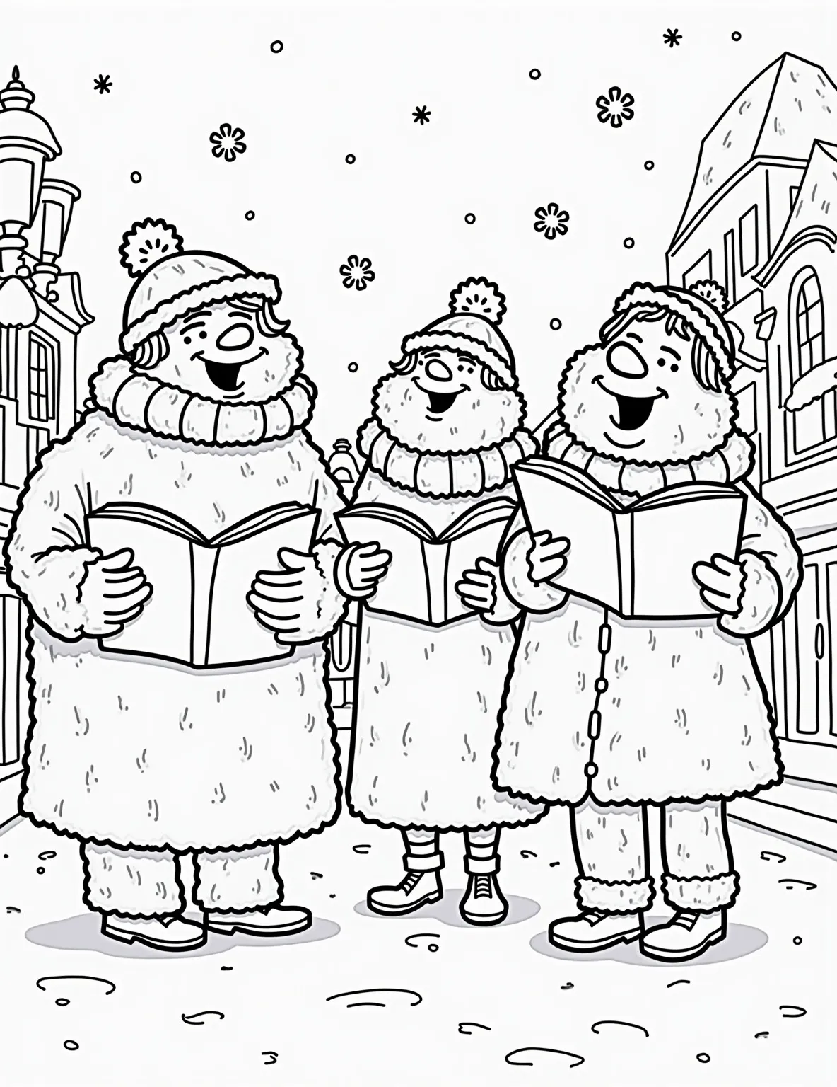 Christmas Carol Singers Coloring Page -- prompt: "black lines only Jolly carolers with exaggerated smiles, bundled in oversized scarves and mittens, sing from giant songbooks. Snowflakes swirl around them in a whimsical street scene. Bold outlines define each character and object, perfect for coloring. Lampposts and houses have playful, curvy shapes. flat black lines, premium coloring page, coloring sheet, line drawing, Coloring Book, NO COLOR, NO SHADING, WHITE BACKGROUND. NO GRAY, BLACK AND WHITE, NO COLOR" -- Experience the joy of holiday music with this heartwarming Christmas carol scene. The coloring page shows a group of bundled-up carolers singing their hearts out in a snowy neighborhood. It's a perfect way to celebrate the sounds and community spirit of the season through coloring.