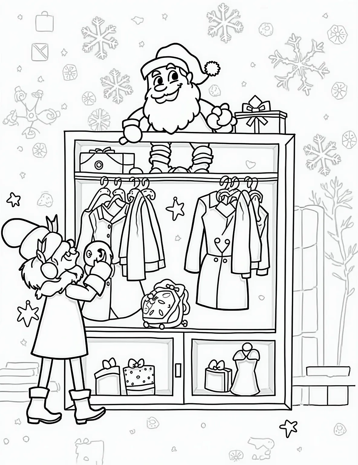 Santa's Magical Wardrobe Coloring Page -- prompt: "black lines only Santa's enchanted closet bursts with colorful outfits. Cheerful elves organize candy-cane hangers, while Mrs. Claus stitches a starry hat. Toy-shaped buttons and ribbon bows adorn coats. Snowflake patterns and reindeer silhouettes decorate the walls. Bold outlines perfect for coloring. flat black lines, premium coloring page, coloring sheet, line drawing, Coloring Book, NO COLOR, NO SHADING, WHITE BACKGROUND. NO GRAY, BLACK AND WHITE, NO COLOR" -- Explore Santa's extensive magical wardrobe! Rows of red suits hang neatly, each with unique embellishments. Elves polish boots and iron hats, while Mrs. Claus adjusts a suit on a mannequin. A special section showcases Santa's casual wear for his off-season relaxation.