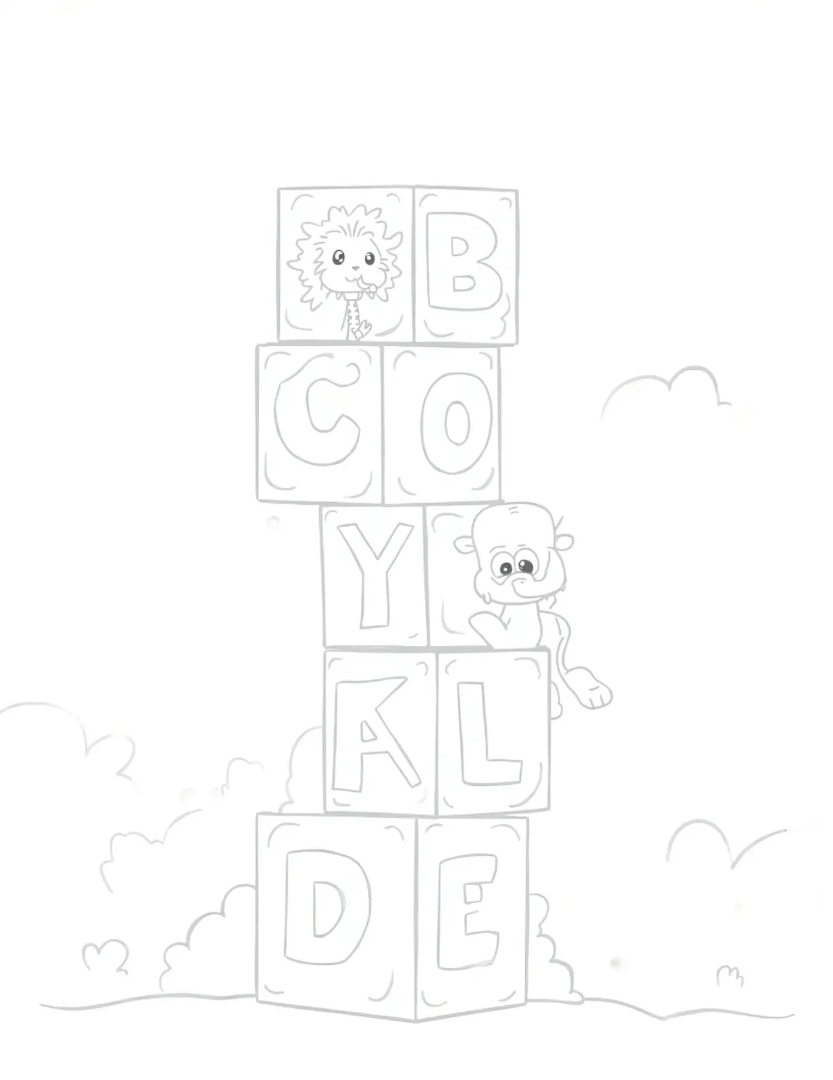Cube Building Blocks -- prompt: "black lines only Cheerful pile of colorful cube-shaped building blocks, outlined boldly for easy coloring. Blocks stacked haphazardly, some teetering precariously. Alphabet letters and numbers adorn faces. Playful cartoon animals peek from behind. Background features simple, wavy lines. Inviting scene encourages creativity and imagination. flat black lines, premium coloring page, coloring sheet, line drawing, Coloring Book, NO COLOR, NO SHADING, WHITE BACKGROUND. NO GRAY, BLACK AND WHITE, NO COLOR" -- Stack up the fun with this cube-themed coloring page. A collection of building blocks showcases the cube shape from various angles. This page is perfect for introducing 3D shapes and discussing how squares form cubes.