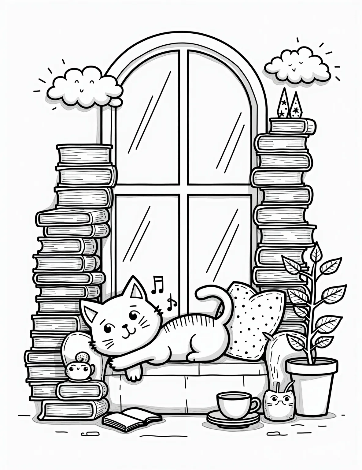 Cat's Cozy Reading Nook Coloring Page -- prompt: "black lines only Playful cartoon cat lounging on window seat, surrounded by stacks of colorful books. Oversized teacup steams nearby. Bold outlines, simple shapes. Large windows frame fluffy clouds. Potted plant adds greenery. Cozy pillows invite coloring. Bookmarks peek from pages. Sunbeams highlight scene. Perfect for flat black lines, premium coloring page, coloring sheet, line drawing, Coloring Book, NO COLOR, NO SHADING, WHITE BACKGROUND. NO GRAY, BLACK AND WHITE, NO COLOR" -- Curl up with this charming scene of a cat enjoying a quiet moment in a book-filled corner. The cat's contented expression amidst stacks of books and soft cushions captures the joy of reading. This page is perfect for book lovers and cat enthusiasts alike, offering a warm and inviting scene to color.