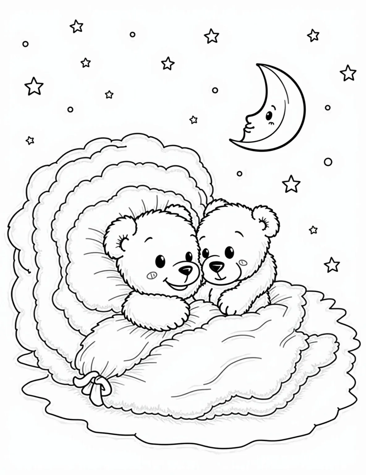 Puppy's Bedtime Story Coloring Page -- prompt: "black lines only Adorable puppy snuggled in bed, hugging oversized teddy bear. Floating storybook with bold outlines, emitting magical sparkles. Crescent moon and twinkling stars in background. Simple, thick-lined drawings perfect for coloring. Cute, rounded shapes and playful patterns throughout the scene. flat black lines, premium coloring page, coloring sheet, line drawing, Coloring Book, NO COLOR, NO SHADING, WHITE BACKGROUND. NO GRAY, BLACK AND WHITE, NO COLOR" -- This heartwarming coloring page shows a sleepy puppy getting ready for bed. The pup sits in a small bed, hugging a teddy bear and listening attentively as a storybook floats nearby. Stars and a crescent moon add a dreamy touch to the nighttime scene.