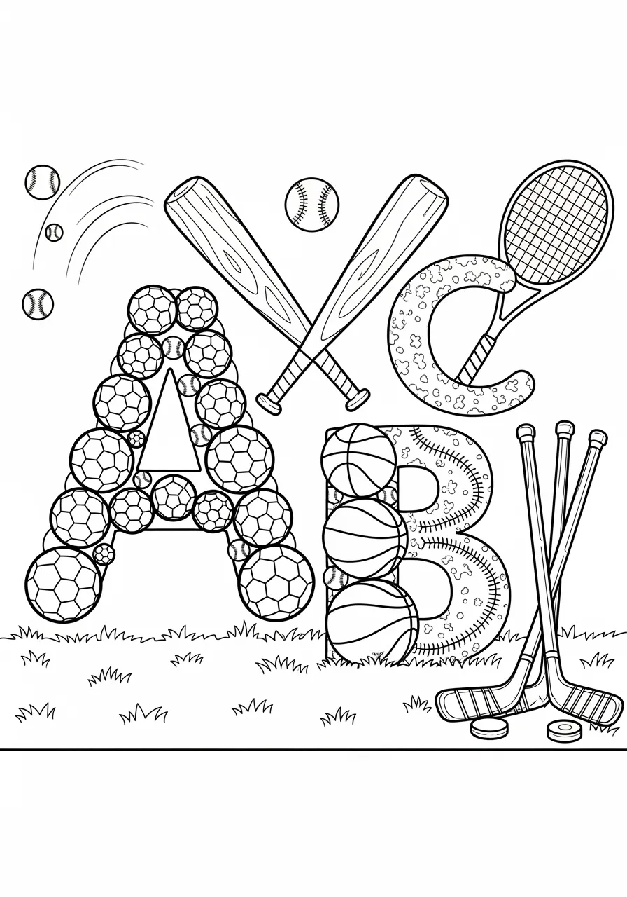 Sports Equipment Alphabet Championship Coloring Page -- prompt: "black lines only Cheerful coloring book page featuring bold outlined sports equipment forming alphabet letters A-Z across a sunny grass field: soccer balls, baseball bats, tennis rackets, basketballs, hockey sticks, and goal posts arranged in playful formations with thick black lines ready for coloring flat black lines, premium coloring page, coloring sheet, line drawing, Coloring Book, NO COLOR, NO SHADING, WHITE BACKGROUND. NO GRAY, BLACK AND WHITE, NO COLOR" -- Score big with this action-packed coloring page where sports equipment forms each letter of the alphabet! From soccer balls arranged in an 'S' to hockey sticks forming an 'H', this page celebrates athleticism and healthy competition. This energetic design appeals to young athletes and sports fans while reinforcing letter recognition through familiar objects.