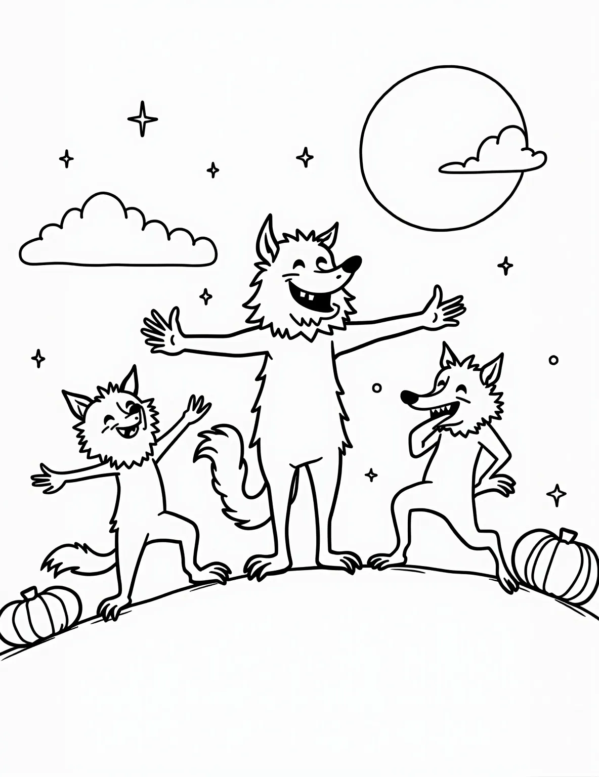 Werewolf's Moonlit Yoga Class -- prompt: "black lines only Playful werewolves strike yoga poses atop moonlit hill. Thick outlines define furry bodies, pumpkin props, and smiling wolf instructor. Simple shapes and patterns fill characters. Starry sky backdrop. Empty spaces await coloring. Howling silhouettes frame scene. Fun Halloween-themed fitness page for all ages. flat black lines, premium coloring page, coloring sheet, line drawing, Coloring Book, NO COLOR, NO SHADING, WHITE BACKGROUND. NO GRAY, BLACK AND WHITE, NO COLOR" -- Experience a humorous twist on Halloween themes with this unique coloring page. The scene shows a group of werewolves practicing yoga under the full moon, combining spooky elements with wellness themes. It's a fun choice for adults who appreciate quirky, unexpected Halloween art.