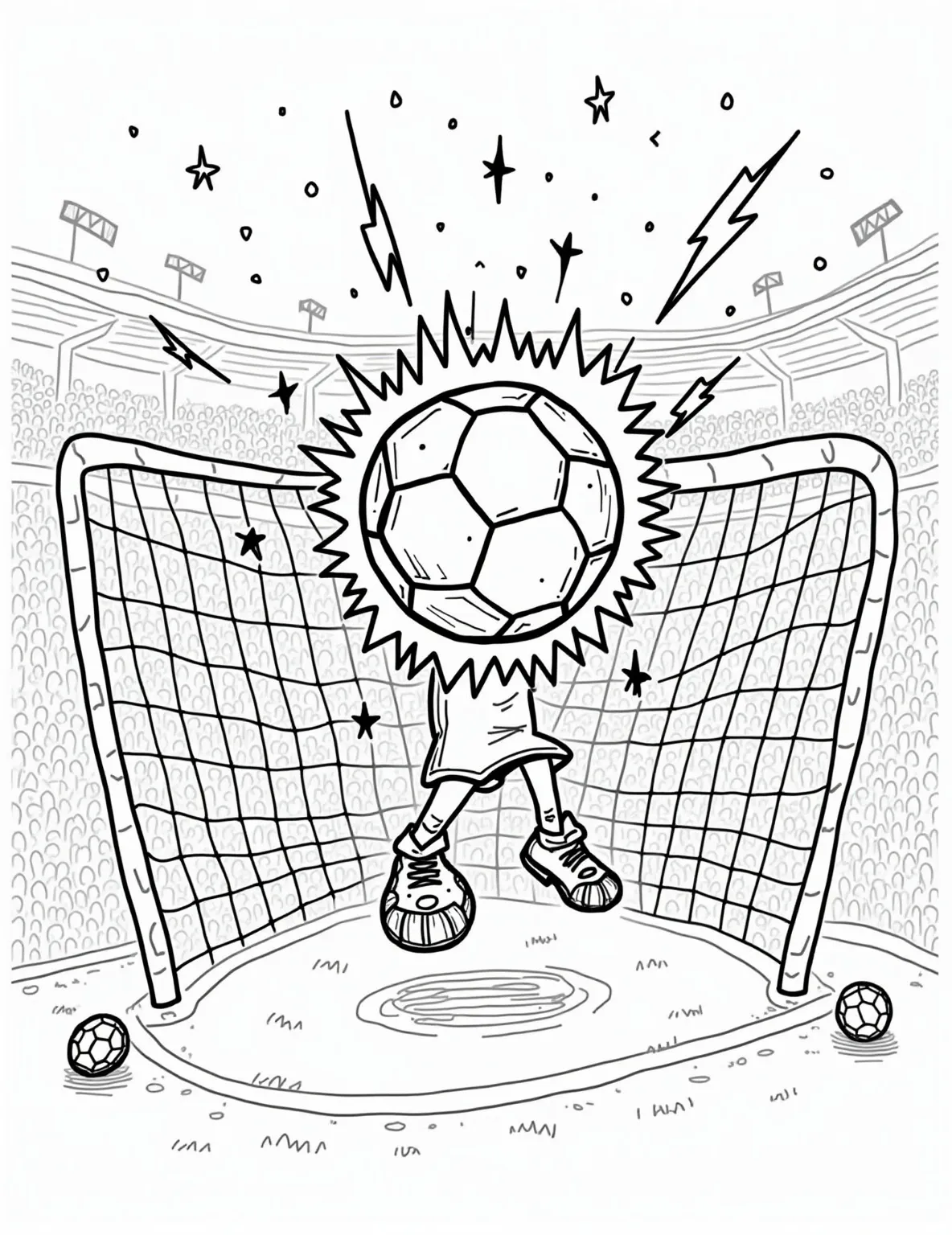 Soccer Ball in the Net -- prompt: "black lines only Bold black outlines frame a triumphant soccer ball nestled in goal net. Simplified shapes create playful patterns on ball and net. Empty spaces invite coloring creativity. Stadium background with cheering stick-figure crowd. Celebratory confetti and stars scattered throughout. Fun, energetic scene for coloring enthusiasts. flat black lines, premium coloring page, coloring sheet, line drawing, Coloring Book, NO COLOR, NO SHADING, WHITE BACKGROUND. NO GRAY, BLACK AND WHITE, NO COLOR" -- This satisfying coloring page depicts a soccer ball nestled in the back of the net after a goal. The net's criss-cross pattern provides an interesting texture to color, while the ball itself offers a simpler subject. This page captures the ultimate moment of success in soccer.