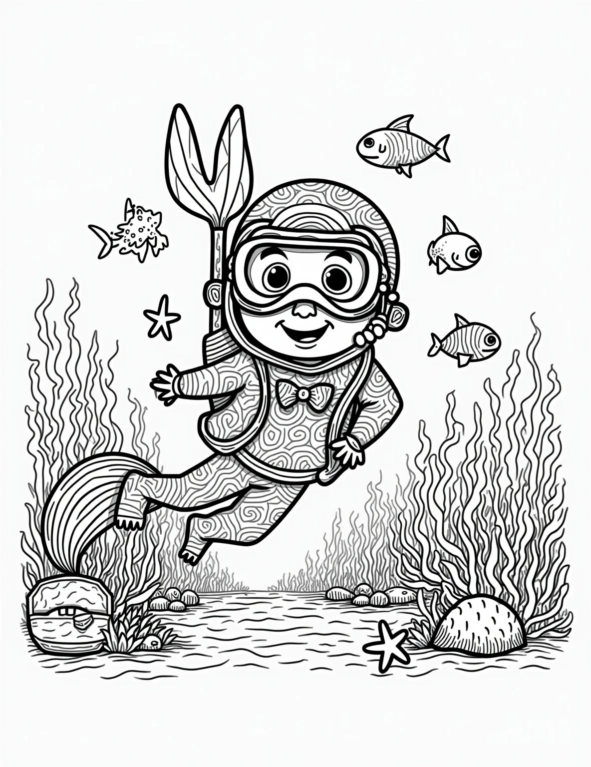 Shark Scientist at Work -- prompt: "black lines only Playful coloring page: Cheerful scuba diver with oversized goggles, bubbling oxygen tank, and comically large flippers. Curious cartoon shark with exaggerated friendly grin swims nearby. Simplified coral reef background. Bold outlines, large spaces for coloring. Scientific equipment scattered humorously around diver. flat black lines, premium coloring page, coloring sheet, line drawing, Coloring Book, NO COLOR, NO SHADING, WHITE BACKGROUND. NO GRAY, BLACK AND WHITE, NO COLOR" -- Inspire future marine biologists with this educational shark scientist coloring page. The scene depicts a diver studying a shark up close, emphasizing the importance of shark research. It's an excellent choice for combining learning with creativity.