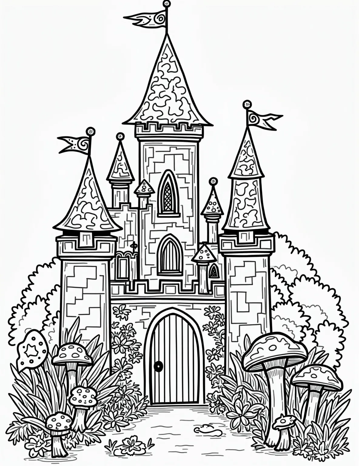 Lego Fairy Tale Castle Coloring Page -- prompt: "black lines only Enchanting Lego fairy tale castle coloring page. Towering spires with fluttering flags. Fairy minifigures frolicking in a magical garden. Whimsical flowers, toadstools, and butterflies. Bold outlines perfect for coloring. Swirling patterns on castle walls. Hidden details throughout. Inviting scene for imaginative play. flat black lines, premium coloring page, coloring sheet, line drawing, Coloring Book, NO COLOR, NO SHADING, WHITE BACKGROUND. NO GRAY, BLACK AND WHITE, NO COLOR" -- Step into a world of enchantment with this magical Lego fairy tale castle coloring page. The intricate design features a grand Lego-style castle complete with towers, flags, and a drawbridge, surrounded by a whimsical garden with tiny fairy minifigures. This page is perfect for those who love fantasy and architecture, offering hours of detailed coloring fun for all ages.