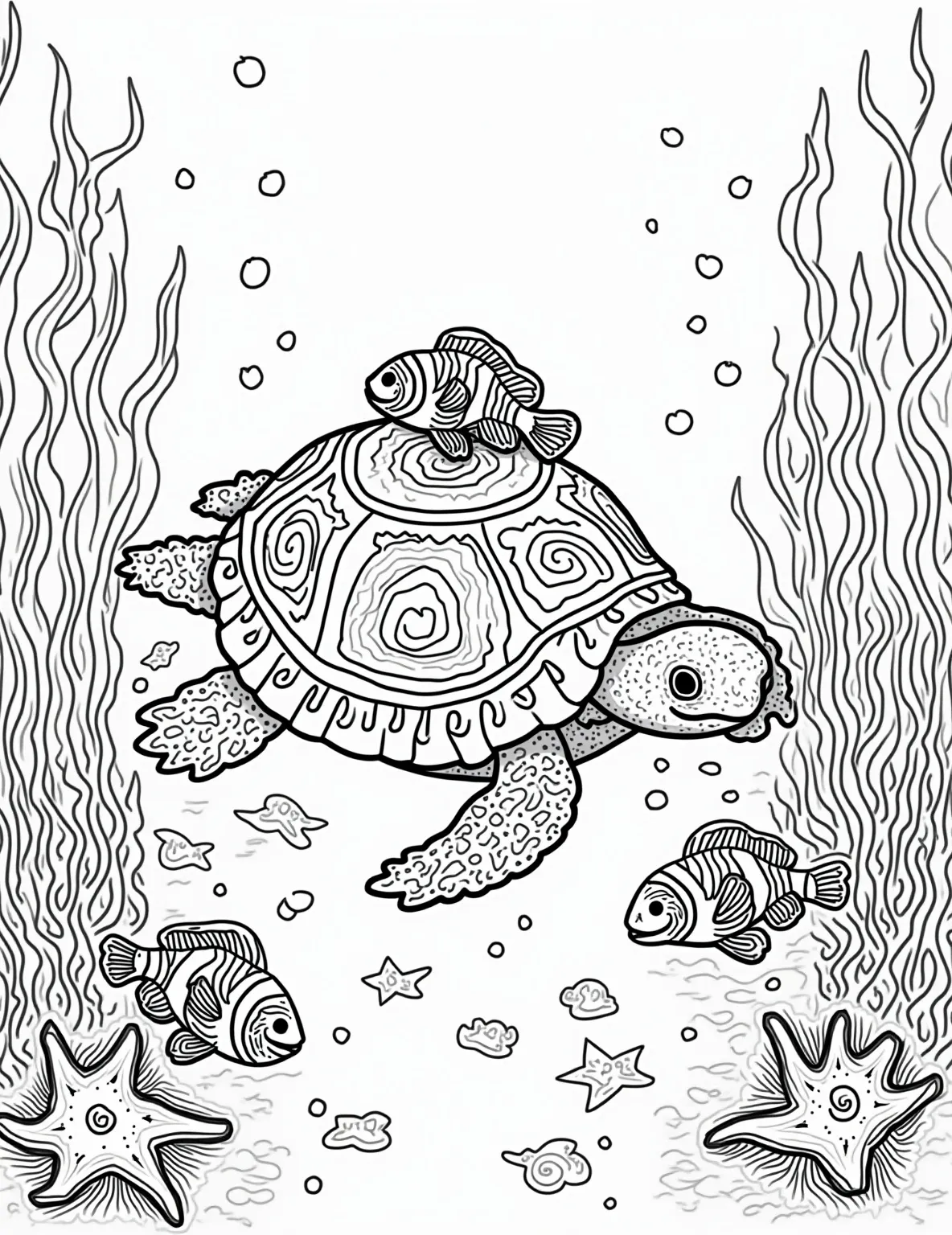 Gentle Sea Turtle Gliding Underwater Coloring Page -- prompt: "black lines only Coloring page: Sea turtle with bold outlines gliding through coral maze. Smiling fish peek from swirling seaweed. Starfish dot seafloor. Bubbles float upward. Waves curl above. Playful patterns on turtle's shell. Chunky coral branches frame scene. Child-friendly underwater wonderland for coloring fun. flat black lines, premium coloring page, coloring sheet, line drawing, Coloring Book, NO COLOR, NO SHADING, WHITE BACKGROUND. NO GRAY, BLACK AND WHITE, NO COLOR" -- Dive into tranquility with this serene sea turtle coloring page. The graceful reptile swimming among coral and fish showcases the beauty of marine life. Ideal for ocean lovers and those who appreciate underwater scenes.