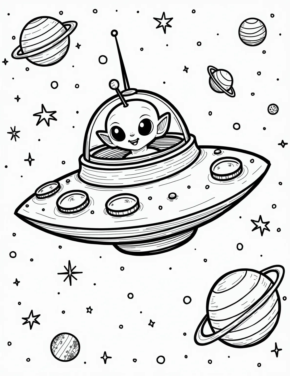 Alien's UFO Adventure -- prompt: "black lines only Coloring page of a cheerful alien piloting a retro-style flying saucer. Bold outlines define starry sky, planets, and constellations. Alien waves through circular window. UFO's details include antenna, lights, and swirling energy rings. Perfect for creative coloring fun. flat black lines, premium coloring page, coloring sheet, line drawing, Coloring Book, NO COLOR, NO SHADING, WHITE BACKGROUND. NO GRAY, BLACK AND WHITE, NO COLOR" -- Add a touch of playful imagination to your space coloring collection with this whimsical UFO scene. A friendly alien pilots its flying saucer through a star-filled sky, perfect for adding vibrant colors. This page encourages creativity and is sure to bring smiles to younger colorists.