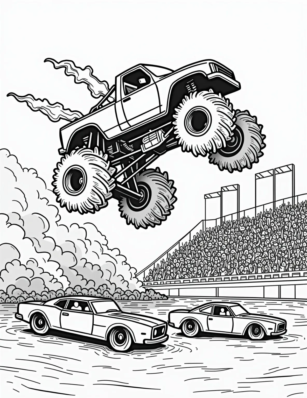 Monster Truck Mayhem -- prompt: "black lines only Colossal monster truck, bold outlines, oversized tires, soaring mid-air above crushed vehicles. Stadium backdrop with cheering crowd silhouettes. Flames, exhaust trails, and motion lines emphasize action. Simple shapes, thick borders perfect for coloring. Exciting arena atmosphere captured in playful, kid-friendly design. flat black lines, premium coloring page, coloring sheet, line drawing, Coloring Book, NO COLOR, NO SHADING, WHITE BACKGROUND. NO GRAY, BLACK AND WHITE, NO COLOR" -- Feel the ground shake as you color this larger-than-life monster truck. With its massive wheels and powerful frame, this coloring page captures the excitement of monster truck rallies. It's sure to be a hit with kids who love big, bold vehicles.