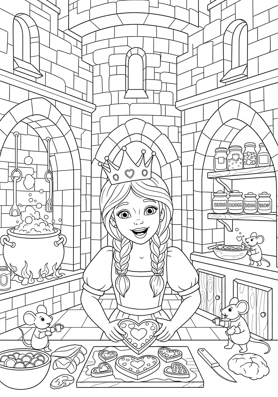 Princess Baking in Royal Kitchen Coloring Page -- prompt: "black lines only Cheerful princess wearing flowing gown and apron baking cookies in grand medieval castle kitchen, surrounded by stone ovens, wooden mixing bowls, flour sacks, rolling pins, hanging herbs, castle windows, bold black outlines, coloring book style flat black lines, premium coloring page, coloring sheet, line drawing, Coloring Book, NO COLOR, NO SHADING, WHITE BACKGROUND. NO GRAY, BLACK AND WHITE, NO COLOR" -- Discover this industrious princess creating delicious treats in her castle's grand kitchen. The scene includes traditional baking equipment, mixing bowls, and fresh ingredients spread across wooden counters. Steam rises from freshly baked goods while herbs hang from the ceiling beams.