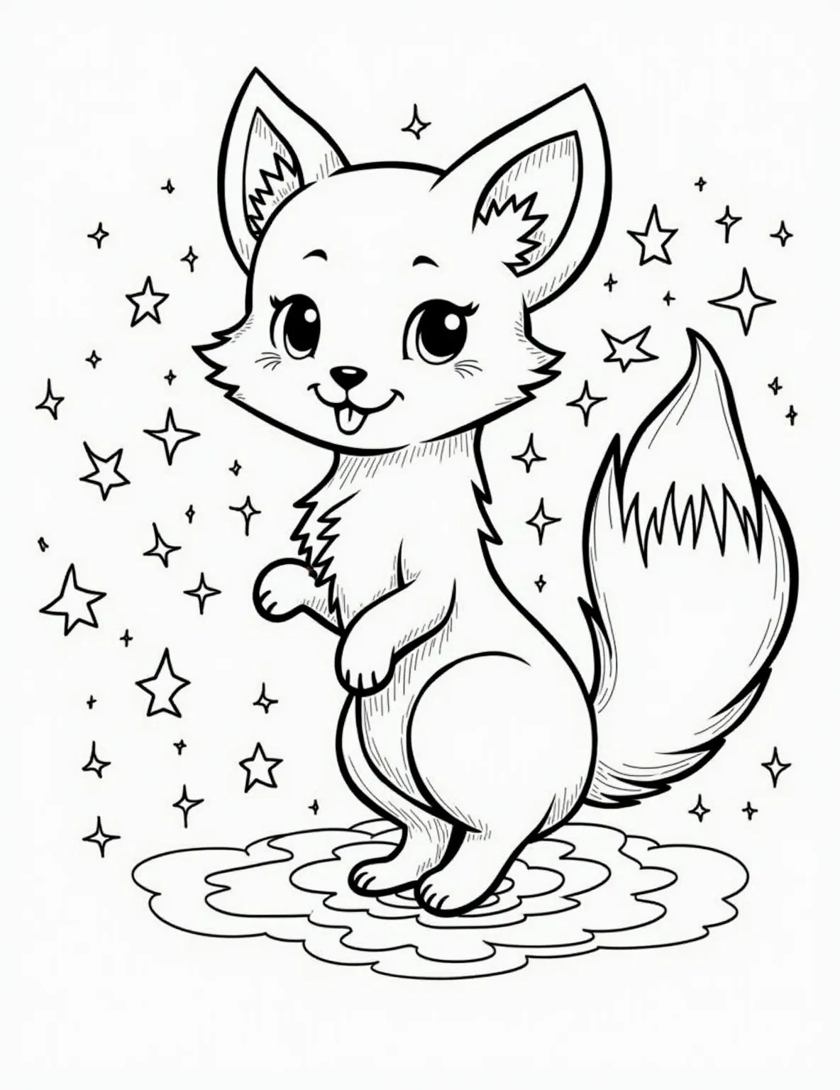 Mystical Nine-Tailed Fox -- prompt: "black lines only Enchanted nine-tailed fox, tails fanned like peacock feathers, outlined in bold black strokes. Swirling magical energy depicted as spirals and stars. Simple, clean lines perfect for coloring. Mystical symbols float around, inviting creative expression. Playful yet elegant design captures flat black lines, premium coloring page, coloring sheet, line drawing, Coloring Book, NO COLOR, NO SHADING, WHITE BACKGROUND. NO GRAY, BLACK AND WHITE, NO COLOR" -- Inspired by Asian folklore, this coloring page depicts a magical nine-tailed fox. The fox stands majestically, its multiple tails fanned out behind it, surrounded by swirling mystical energy. It's a page that combines cultural legend with fantastic imagery.