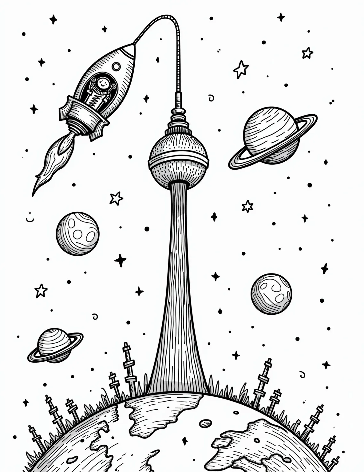 Space Elevator Concept -- prompt: "black lines only Space elevator coloring page: Earth's surface with towering cable stretching skyward. Chunky outline of rocket-shaped elevator car ascending. Orbiting counterweight satellite shaped like smiling star. Playful astronauts and aliens float around. Bold, simple shapes perfect for coloring. Inspiring cosmic adventure for kids. flat black lines, premium coloring page, coloring sheet, line drawing, Coloring Book, NO COLOR, NO SHADING, WHITE BACKGROUND. NO GRAY, BLACK AND WHITE, NO COLOR" -- Stretch your imagination with this futuristic space elevator coloring page. The massive structure extends from Earth's surface into orbit, offering a unique perspective on potential future space access technologies. This page is ideal for those interested in cutting-edge space concepts.