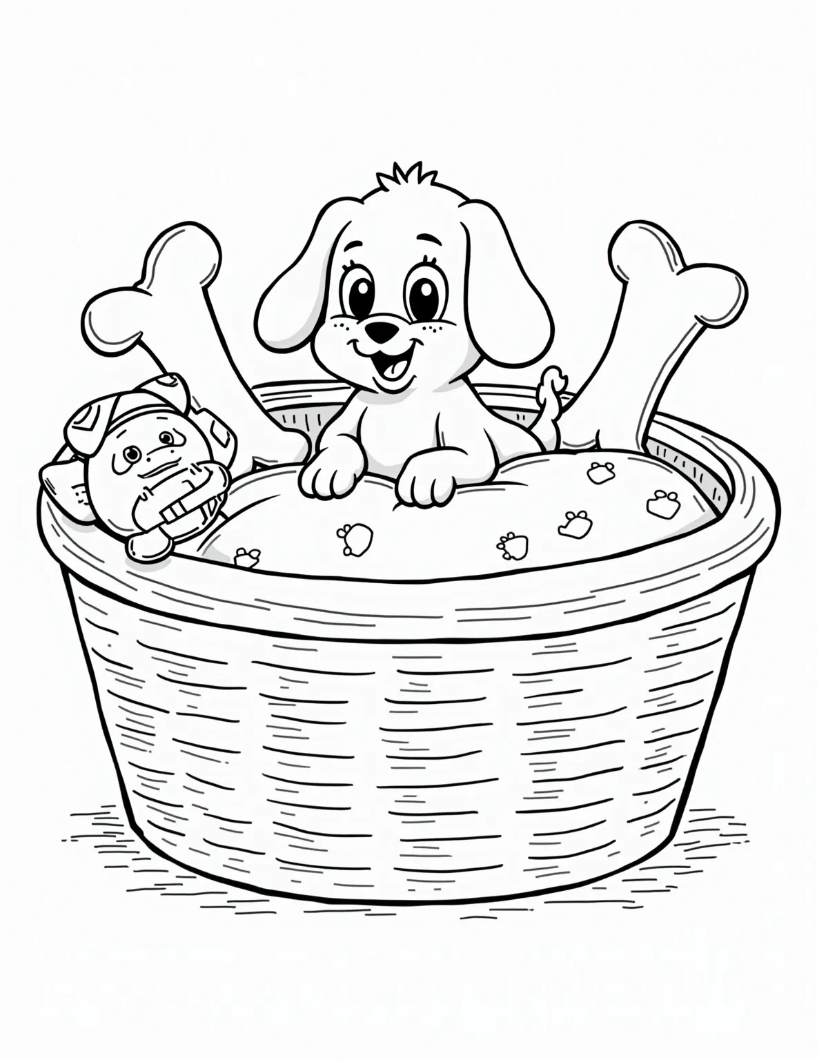 Sleepy Puppy in a Cozy Basket Coloring Page -- prompt: "black lines only Coloring page outline: Adorable puppy curled up in round wicker basket. Fluffy blanket with bone pattern. Squeaky toy beside basket. Puppy's floppy ears, wagging tail. Simple, bold lines. Large empty spaces for coloring. Playful, heartwarming scene. Perfect for children's creativity. flat black lines, premium coloring page, coloring sheet, line drawing, Coloring Book, NO COLOR, NO SHADING, WHITE BACKGROUND. NO GRAY, BLACK AND WHITE, NO COLOR" -- Aww, how adorable! This coloring page showcases a tiny puppy curled up in a soft, woven basket. The puppy's peaceful expression and fluffy fur invite colorists to create a warm, soothing palette. A plush toy and a small blanket add to the cozy atmosphere.