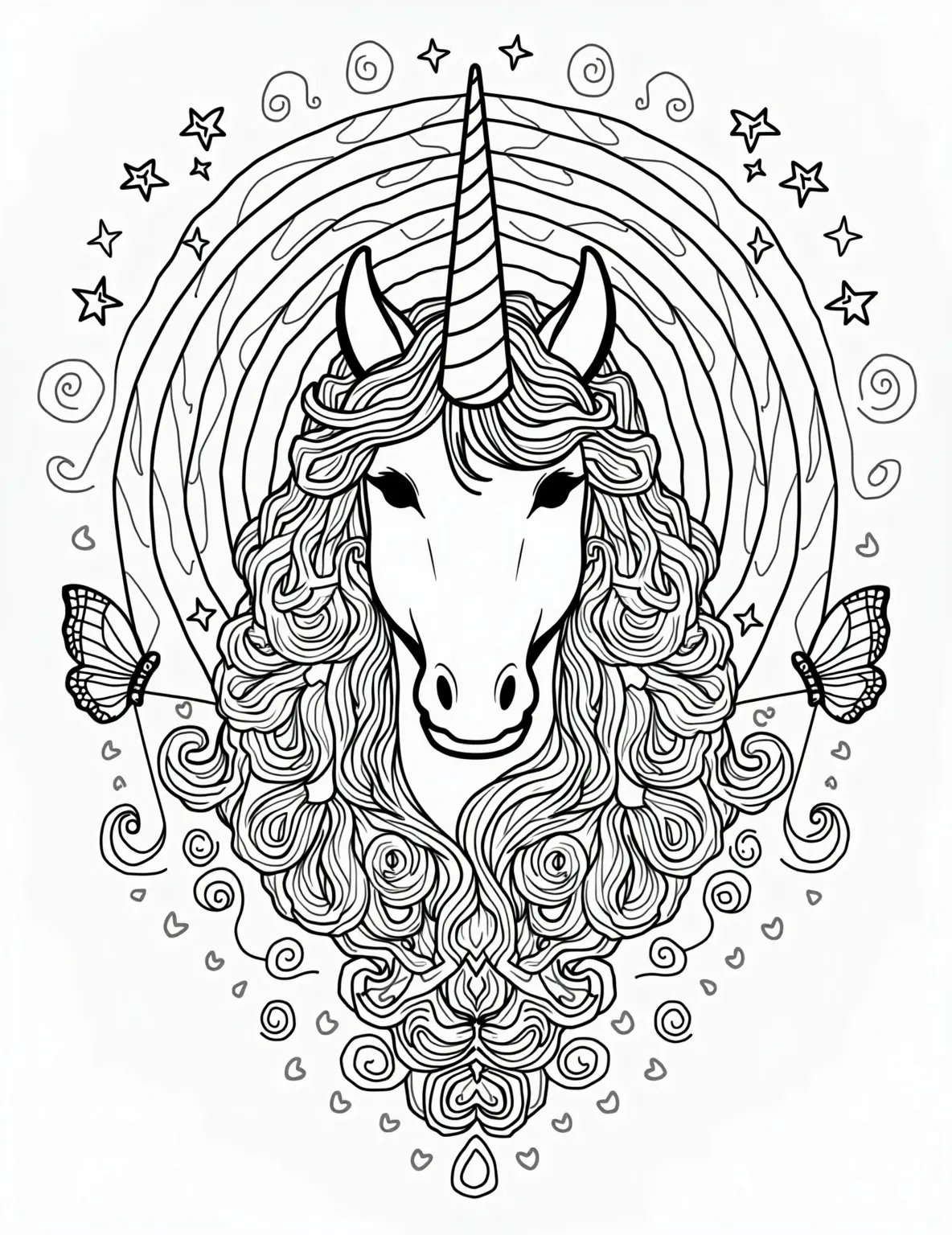 Elegant Unicorn Mandala -- prompt: "black lines only Playful unicorn head centerpiece in mandala coloring page. Swirling mane intertwines with floral patterns. Spiraling geometric shapes radiate outward. Magical stars and crescent moons scattered throughout. Bold outlines perfect for coloring. Whimsical butterflies and rainbows frame the design. Fun, enchanting atmosphere for all ages. flat black lines, premium coloring page, coloring sheet, line drawing, Coloring Book, NO COLOR, NO SHADING, WHITE BACKGROUND. NO GRAY, BLACK AND WHITE, NO COLOR" -- This sophisticated coloring page features a beautiful unicorn incorporated into an intricate mandala design. Perfect for adults looking for a calming yet challenging coloring experience, this page offers a blend of geometric patterns and flowing lines. It's an ideal choice for those who appreciate both the magic of unicorns and the meditative qualities of mandala coloring.