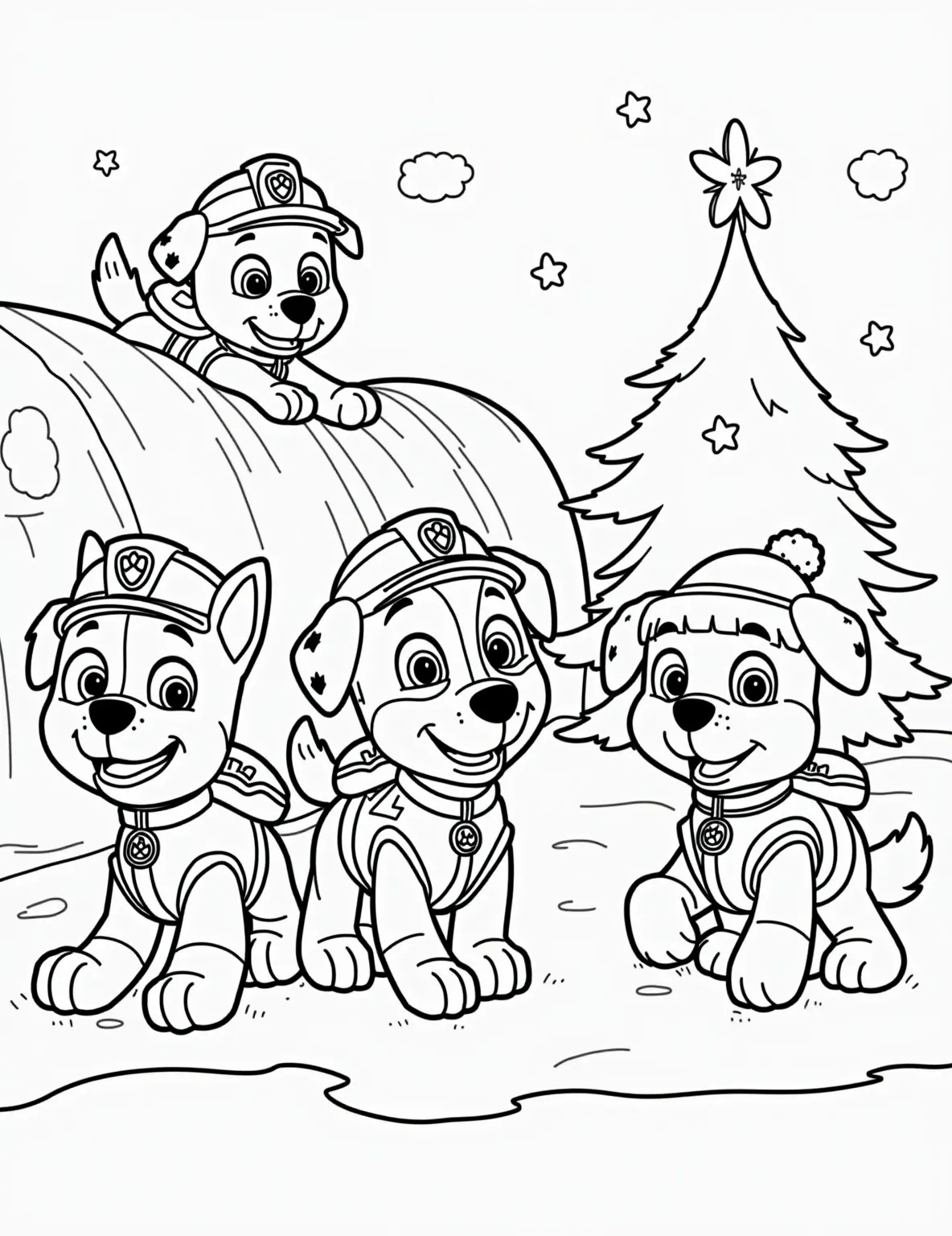 Adventure Bay Winter Wonderland -- prompt: "black lines only Paw Patrol pups frolic in Adventure Bay's winter wonderland. Bold outlines frame each character and snowflake. Simplistic shapes depict igloos, sleds, and festive decorations. Empty spaces await vibrant colors. Chase leads, sliding down a twisting ice slide. Rubble builds a snowman. Marshall decorates a towering evergreen. flat black lines, premium coloring page, coloring sheet, line drawing, Coloring Book, NO COLOR, NO SHADING, WHITE BACKGROUND. NO GRAY, BLACK AND WHITE, NO COLOR" -- Experience the magic of winter with the Paw Patrol in this enchanting coloring page! The scene depicts Adventure Bay transformed into a snowy paradise, with the pups enjoying various winter activities. Children will delight in adding festive colors to this charming winter scene featuring their favorite Paw Patrol characters.