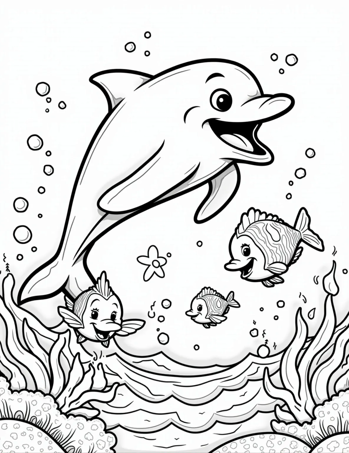 Playful Dolphin Splash Coloring Page -- prompt: "black lines only Playful dolphin leaping from stylized ocean waves, surrounded by smiling fish. Bold outlines define each element. Splashes create fun patterns. Simple shapes and clean lines perfect for coloring. Cheerful scene with bubbly textures and swirling water details. Joyful marine illustration for all ages. flat black lines, premium coloring page, coloring sheet, line drawing, Coloring Book, NO COLOR, NO SHADING, WHITE BACKGROUND. NO GRAY, BLACK AND WHITE, NO COLOR" -- Dive into fun with this delightful dolphin coloring page. The joyful dolphin leaping from the waves brings the ocean to life. Ideal for ocean lovers and those who enjoy marine life.