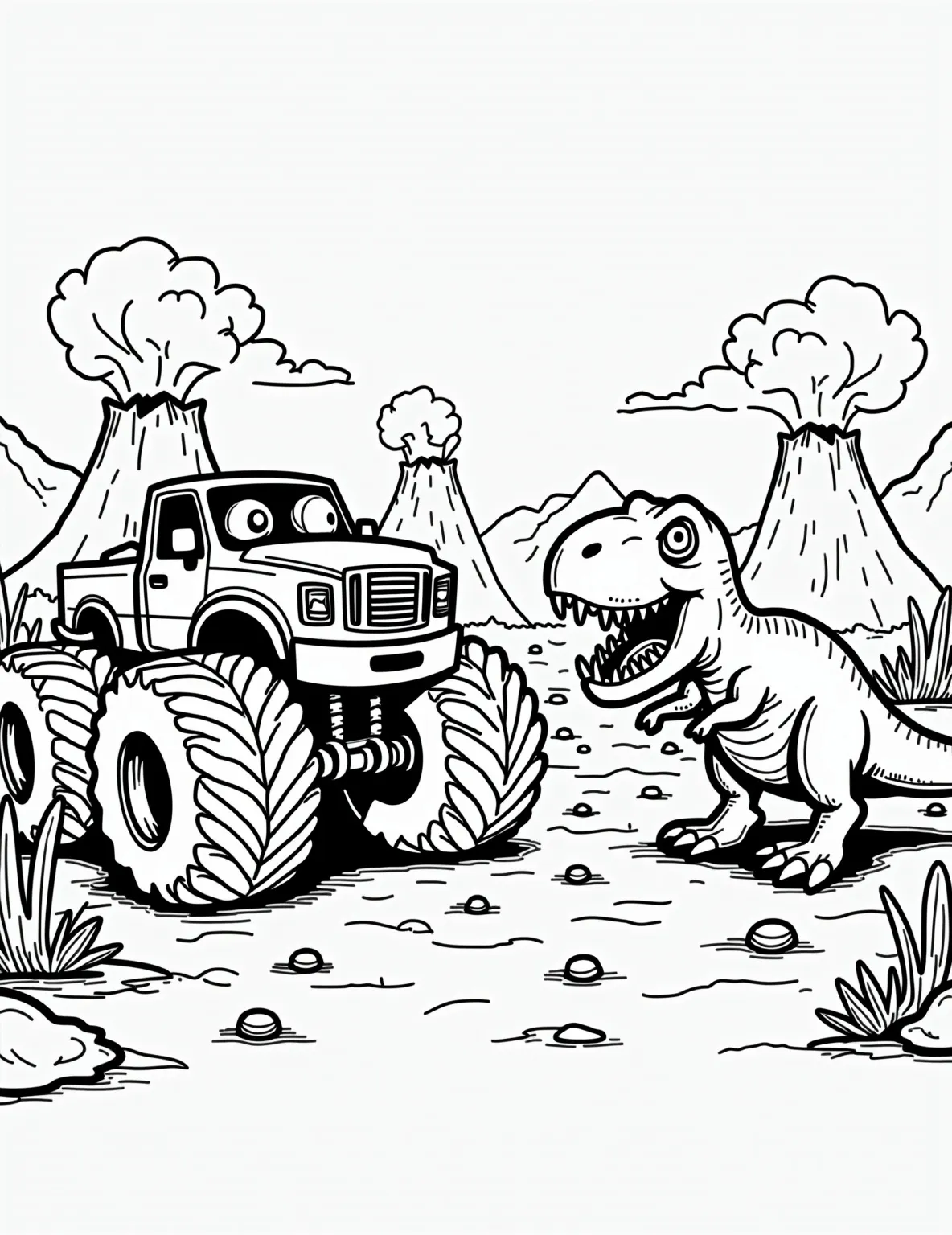 Monster Truck vs. Dinosaur Showdown -- prompt: "black lines only Coloring page: Cartoonish monster truck with exaggerated tires faces fierce T-Rex. Rocky landscape dotted with volcanoes. Thick outlines perfect for coloring. Prehistoric plants frame scene. Truck's determined headlights meet dinosaur's comically angry eyes. Playful yet thrilling standoff for young artists. flat black lines, premium coloring page, coloring sheet, line drawing, Coloring Book, NO COLOR, NO SHADING, WHITE BACKGROUND. NO GRAY, BLACK AND WHITE, NO COLOR" -- Get ready for an epic battle between ancient and modern giants! This thrilling coloring page pits a massive monster truck against a fearsome T-Rex in a prehistoric landscape. Kids will love choosing colors for this action-packed scene that combines the excitement of monster trucks with the allure of dinosaurs.