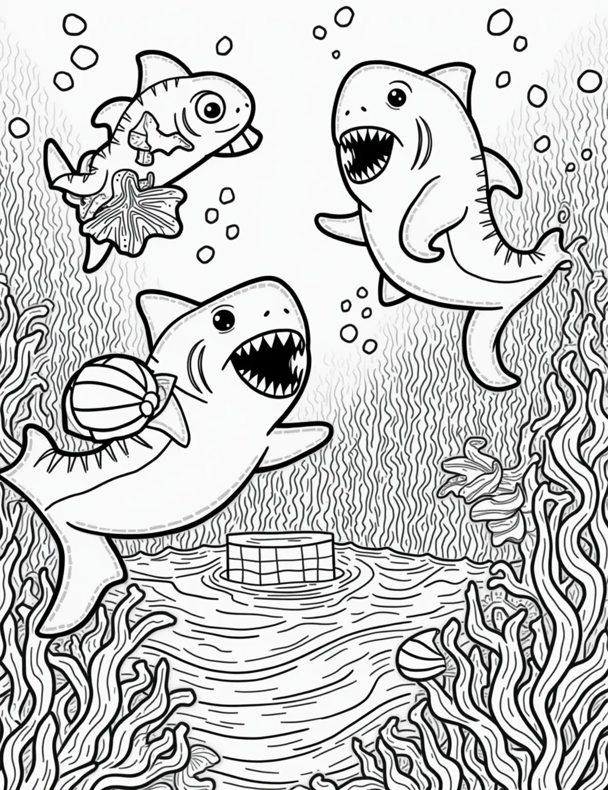 Shark's Underwater Sports Day -- prompt: "black lines only Playful cartoon sharks in a vibrant underwater coloring book scene. Bold outlines define sporty sharks racing through seaweed lanes, spiking volleyballs over kelp nets, and slam-dunking into coral basketball hoops. Cheerful fish spectators and bubbly textures create a lively, child-friendly atmosphere for coloring fun. flat black lines, premium coloring page, coloring sheet, line drawing, Coloring Book, NO COLOR, NO SHADING, WHITE BACKGROUND. NO GRAY, BLACK AND WHITE, NO COLOR" -- Get active with this playful shark sports coloring page. It features different sharks participating in various underwater sports like swimming races, seaweed volleyball, and coral basketball. This energetic scene is perfect for kids who love both sports and marine life.