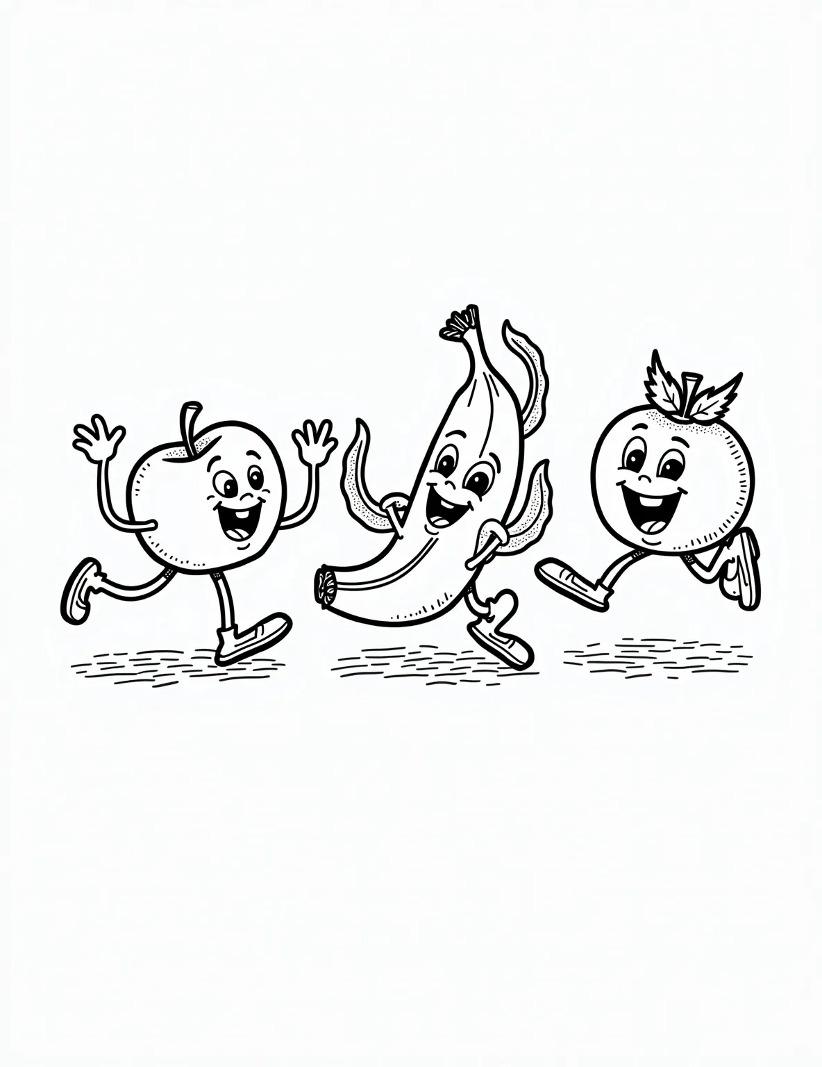 Fruit Ninja Frenzy Coloring Page -- prompt: "black lines only Vibrant fruits dance mid-air on a coloring book page. Apples, bananas, and oranges, some whole, others sliced, reveal juicy interiors. Bold outlines and playful motion lines invite creativity. Cheerful expressions adorn each fruit, promising a delightful coloring adventure for all ages. flat black lines, premium coloring page, coloring sheet, line drawing, Coloring Book, NO COLOR, NO SHADING, WHITE BACKGROUND. NO GRAY, BLACK AND WHITE, NO COLOR" -- Slice into the action with our Fruit Ninja Frenzy coloring page! This dynamic scene features various fruits flying through the air, some whole and some dramatically cut in half. It's a perfect coloring page for kids who love both fruit and action-packed adventures.