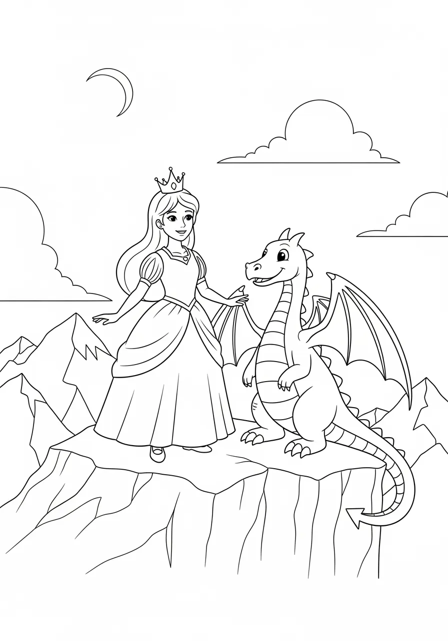 Princess with Magical Dragon Friend Coloring Page -- prompt: "black lines only Smiling princess with flowing gown stands beside cheerful dragon with large wings, both positioned on rocky mountain ledge overlooking valley, bold black outlines, simple shapes perfect for children's coloring, clear defined spaces flat black lines, premium coloring page, coloring sheet, line drawing, Coloring Book, NO COLOR, NO SHADING, WHITE BACKGROUND. NO GRAY, BLACK AND WHITE, NO COLOR" -- This adventurous coloring page features a brave princess alongside her gentle dragon companion in a mountainous landscape. The friendly dragon has detailed scales and wings, while the princess wears practical adventure clothing. Rocky cliffs and soaring birds create an exciting backdrop for their friendship.
