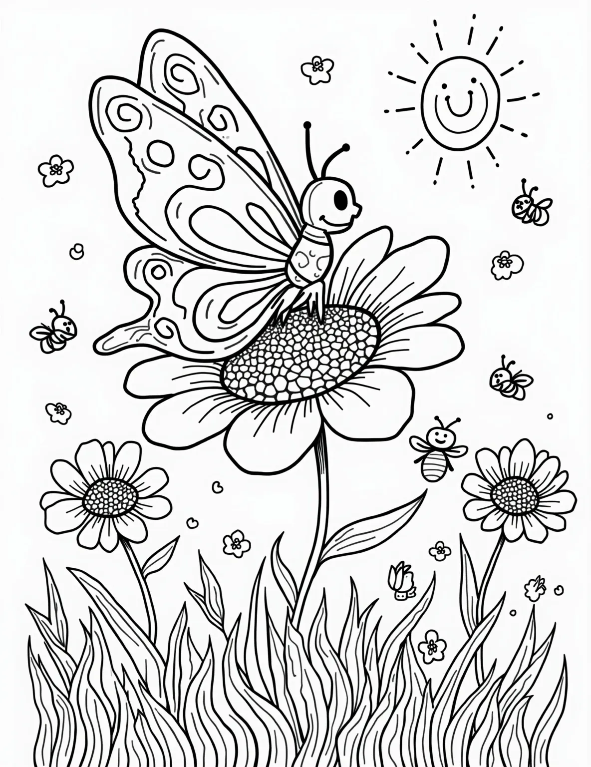 Majestic Butterfly's Garden Party -- prompt: "black lines only Butterfly with bold, swirling wing patterns perched on oversized daisy. Garden bursts with chunky flowers, leaves, and vines. Thick outlines define shapes. Empty spaces await vibrant colors. Cheerful scene invites creativity. Playful details like smiling sun, hidden ladybugs. flat black lines, premium coloring page, coloring sheet, line drawing, Coloring Book, NO COLOR, NO SHADING, WHITE BACKGROUND. NO GRAY, BLACK AND WHITE, NO COLOR" -- Flutter into a world of beauty with this enchanting butterfly coloring page. A large, detailed butterfly is surrounded by a variety of flowers in a lush garden. This intricate page is perfect for adults or older children who enjoy creating delicate, nature-inspired art.