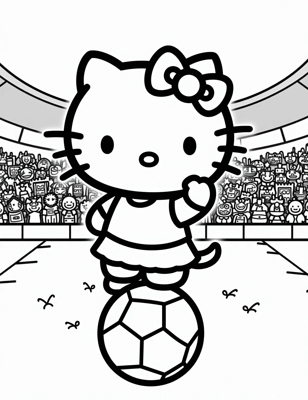 Hello Kitty's Soccer Star -- prompt: "black lines only Hello Kitty soccer star, bold black outlines. Oversized ball, exaggerated goal posts. Simplified cheering fans as stick figures. Teammates with distinct expressions. Field lines as zigzags. Soccer uniform with cute bow. Whistle around neck. Background elements stylized. Perfect for coloring. flat black lines, premium coloring page, coloring sheet, line drawing, Coloring Book, NO COLOR, NO SHADING, WHITE BACKGROUND. NO GRAY, BLACK AND WHITE, NO COLOR" -- Score a goal with Hello Kitty in this sporty coloring page! She's kicking a soccer ball on a field, wearing a cute soccer uniform. The scene includes goal posts, cheering fans in the stands, and her teammates ready to play. It's an active and exciting page that celebrates the joy of sports and teamwork.