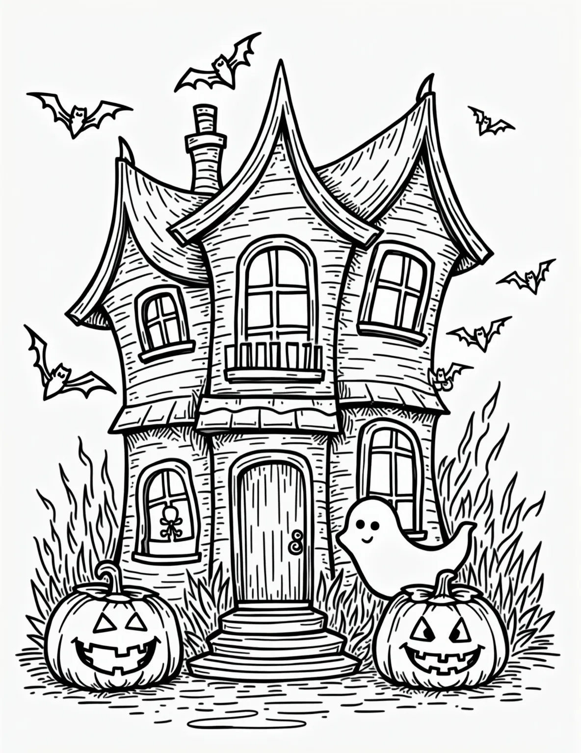 Friendly Ghost's Costume Party -- prompt: "black lines only Cheerful cartoon ghosts in diverse Halloween costumes frolic inside a whimsically decorated haunted house. Bold outlines define each character and object, with simple shapes and patterns perfect for coloring. Spooky-cute elements like cobwebs, pumpkins, and friendly bats fill the scene. flat black lines, premium coloring page, coloring sheet, line drawing, Coloring Book, NO COLOR, NO SHADING, WHITE BACKGROUND. NO GRAY, BLACK AND WHITE, NO COLOR" -- Join the fun with this delightful coloring page featuring a group of friendly ghosts having a costume party. The ghosts are wearing various Halloween-themed costumes, dancing and playing games in a decorated haunted house. This page is perfect for children who prefer a more lighthearted and fun approach to Halloween.