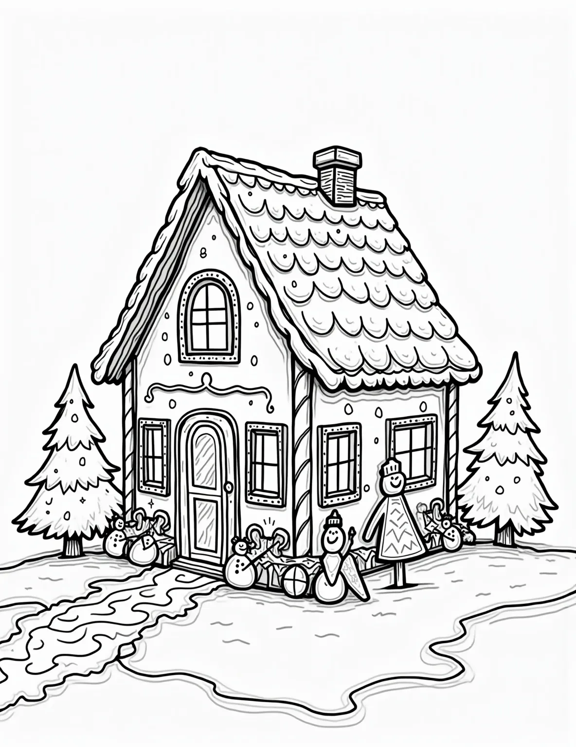 Gingerbread House Wonderland Coloring Page -- prompt: "black lines only Gingerbread house with bold outlines, perfect for coloring. Swirling candy canes, gumdrop path, and wavy icing roof. Lollipop trees, marshmallow snowmen, and a chocolate door. Festive wreaths and gingerbread people dance around. Empty spaces await vibrant colors in this jolly winter scene. flat black lines, premium coloring page, coloring sheet, line drawing, Coloring Book, NO COLOR, NO SHADING, WHITE BACKGROUND. NO GRAY, BLACK AND WHITE, NO COLOR" -- Explore a sweet gingerbread wonderland in this delectable coloring page. The scene features an elaborate gingerbread house adorned with candies, icing, and festive decorations. It's sure to make little ones' mouths water and inspire some real-life gingerbread house creations!