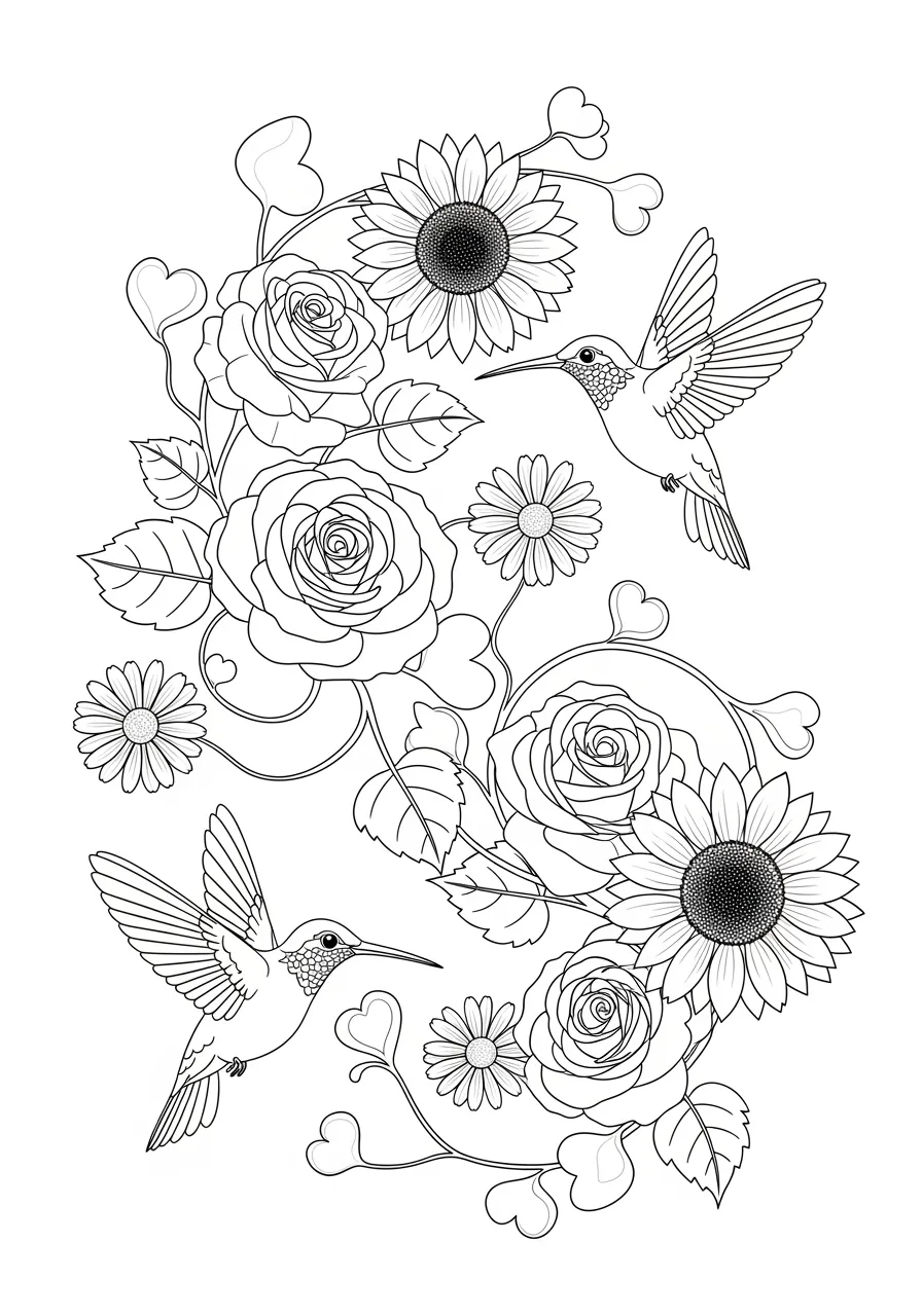 Intricate Hummingbird Floral Pattern Coloring Page -- prompt: "black lines only Cheerful hummingbirds with outstretched wings dance between bold sunflowers, roses, and daisies connected by curving vines with heart-shaped leaves, creating joyful black line art perfect for creative coloring with thick outlines and spacious white areas flat black lines, premium coloring page, coloring sheet, line drawing, Coloring Book, NO COLOR, NO SHADING, WHITE BACKGROUND. NO GRAY, BLACK AND WHITE, NO COLOR" -- This detailed adult coloring page features multiple hummingbirds surrounded by elaborate floral patterns and vines. The combination of delicate birds and complex botanical designs creates a stunning artistic challenge. This page celebrates the beauty of these tiny, energetic birds and their relationship with flowers.