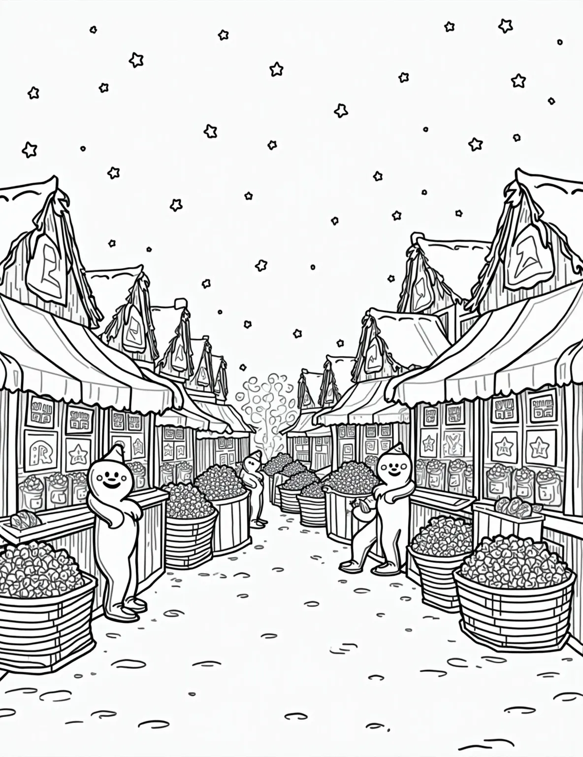 Gingerbread Farmer's Market Coloring Page -- prompt: "black lines only Charming gingerbread characters with bold outlines man market stalls. Smiling cookie vendors offer baskets of treats. Simple, thick-lined signs advertise goodies. Playful, oversized foods fill the scene. Empty spaces await colorful imagination. A festive, sweet marketplace ready for creative coloring. flat black lines, premium coloring page, coloring sheet, line drawing, Coloring Book, NO COLOR, NO SHADING, WHITE BACKGROUND. NO GRAY, BLACK AND WHITE, NO COLOR" -- This charming coloring page brings to life a bustling gingerbread farmer's market. The scene is filled with gingerbread vendors selling an array of colorful fruits, vegetables, and baked goods, all with a sweet twist. It's a delightful way to explore themes of community, healthy eating, and local commerce through the playful world of gingerbread people.