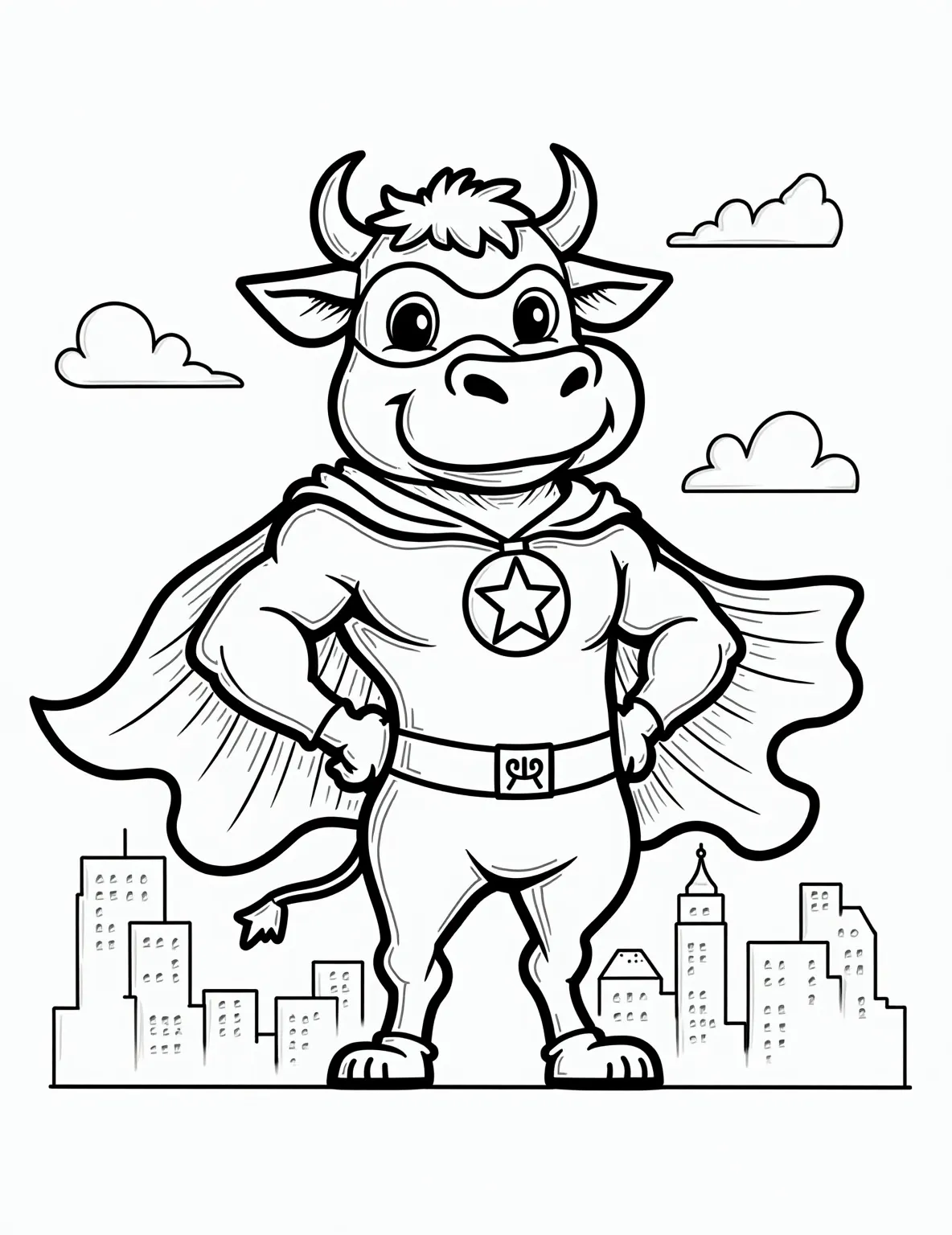 Cow Dressed as a Superhero -- prompt: "black lines only Coloring page featuring a jovial cartoon cow superhero, bold outlines perfect for coloring. Cape billowing, mask accentuating expressive eyes, muscular bovine body striking triumphant pose. Simplified background elements like clouds, buildings. Thick lines, large spaces for easy coloring. Fun, engaging design for all ages. flat black lines, premium coloring page, coloring sheet, line drawing, Coloring Book, NO COLOR, NO SHADING, WHITE BACKGROUND. NO GRAY, BLACK AND WHITE, NO COLOR" -- This imaginative coloring page showcases a cow dressed as a superhero. Complete with a cape, mask, and a bold 'S' on its chest, this super-cow is ready to save the day. It's a fun way to explore fantasy and heroism through coloring.