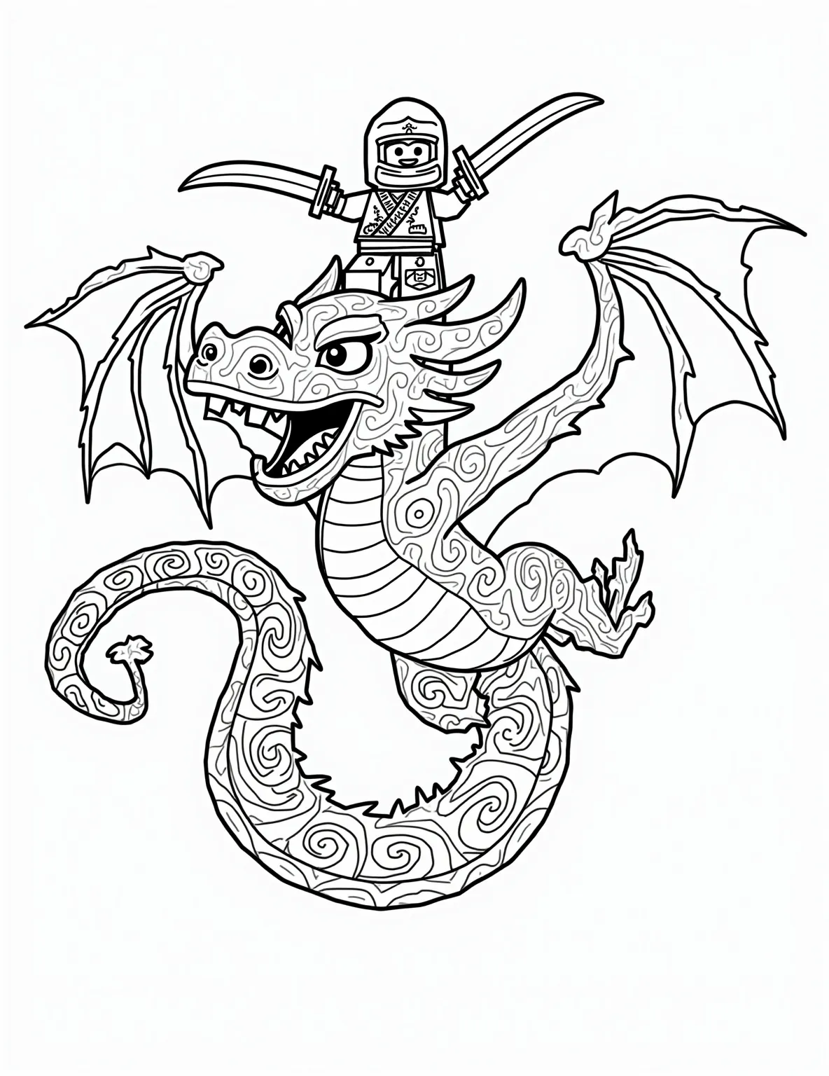 Lego Ninjago Dragon Coloring Page -- prompt: "black lines only Chunky outlines frame a spirited Lego Ninjago dragon, scales etched with playful patterns. A grinning ninja perches atop, wielding oversized weapons. Swooping curves and bold shapes create an action-packed scene, begging to be filled with vibrant colors. Flames and motion lines add excitement. flat black lines, premium coloring page, coloring sheet, line drawing, Coloring Book, NO COLOR, NO SHADING, WHITE BACKGROUND. NO GRAY, BLACK AND WHITE, NO COLOR" -- Unleash your inner ninja with this epic Lego Ninjago dragon coloring page. The page depicts a fearsome Lego dragon with intricate details, ridden by a Ninjago character. It's an action-packed scene that will keep coloring enthusiasts engaged for hours.